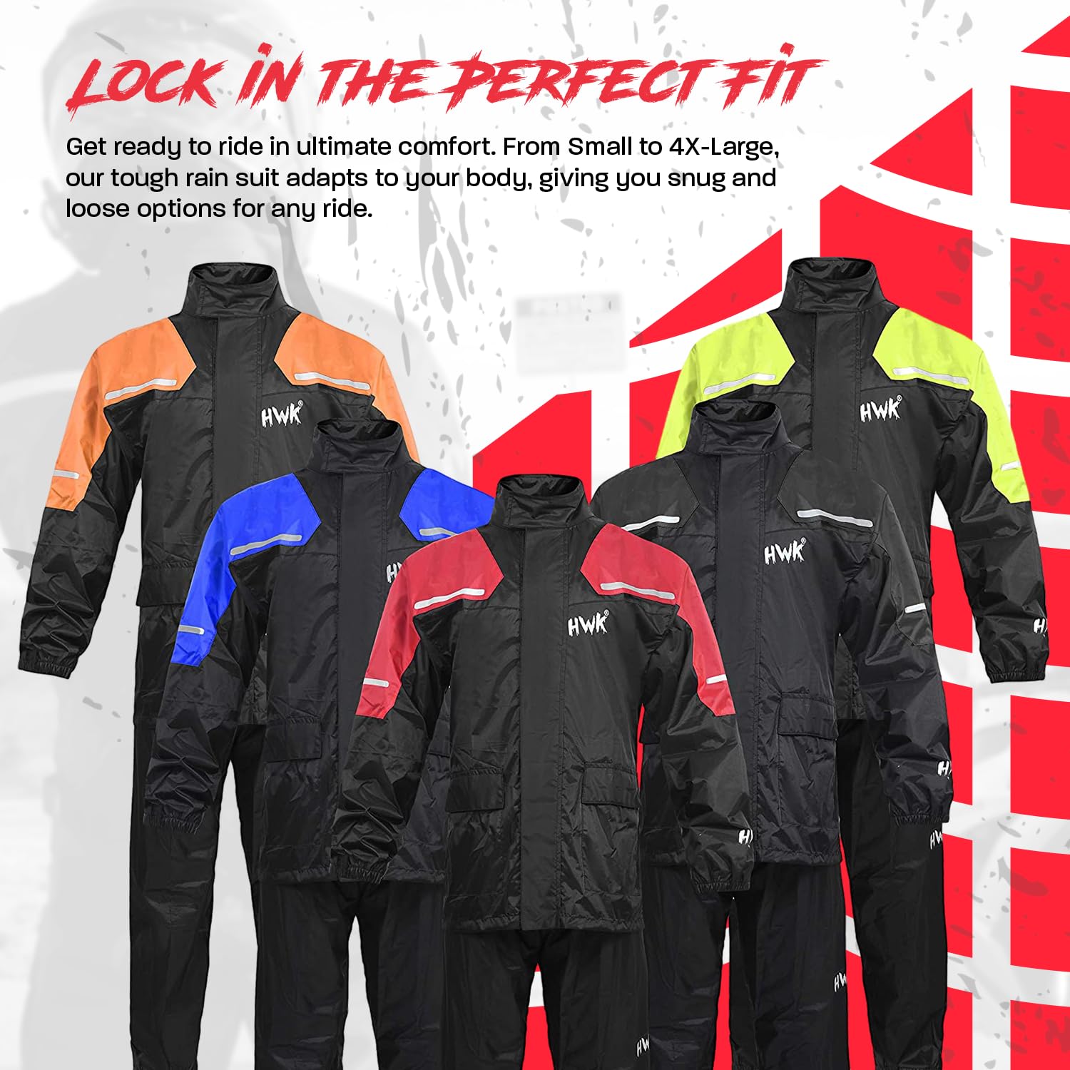 HWK Waterproof Motorcycle Rain Suit for Men & Women - 2-Piece Reflective Riding Gear with Jacket & Pants | All-Season Weatherproof Protection for Motorcycles, Scooters & Bikes (Black, X-Large) - Ideal for Commuting, Touring & Adventure Riding in Rainy Conditions