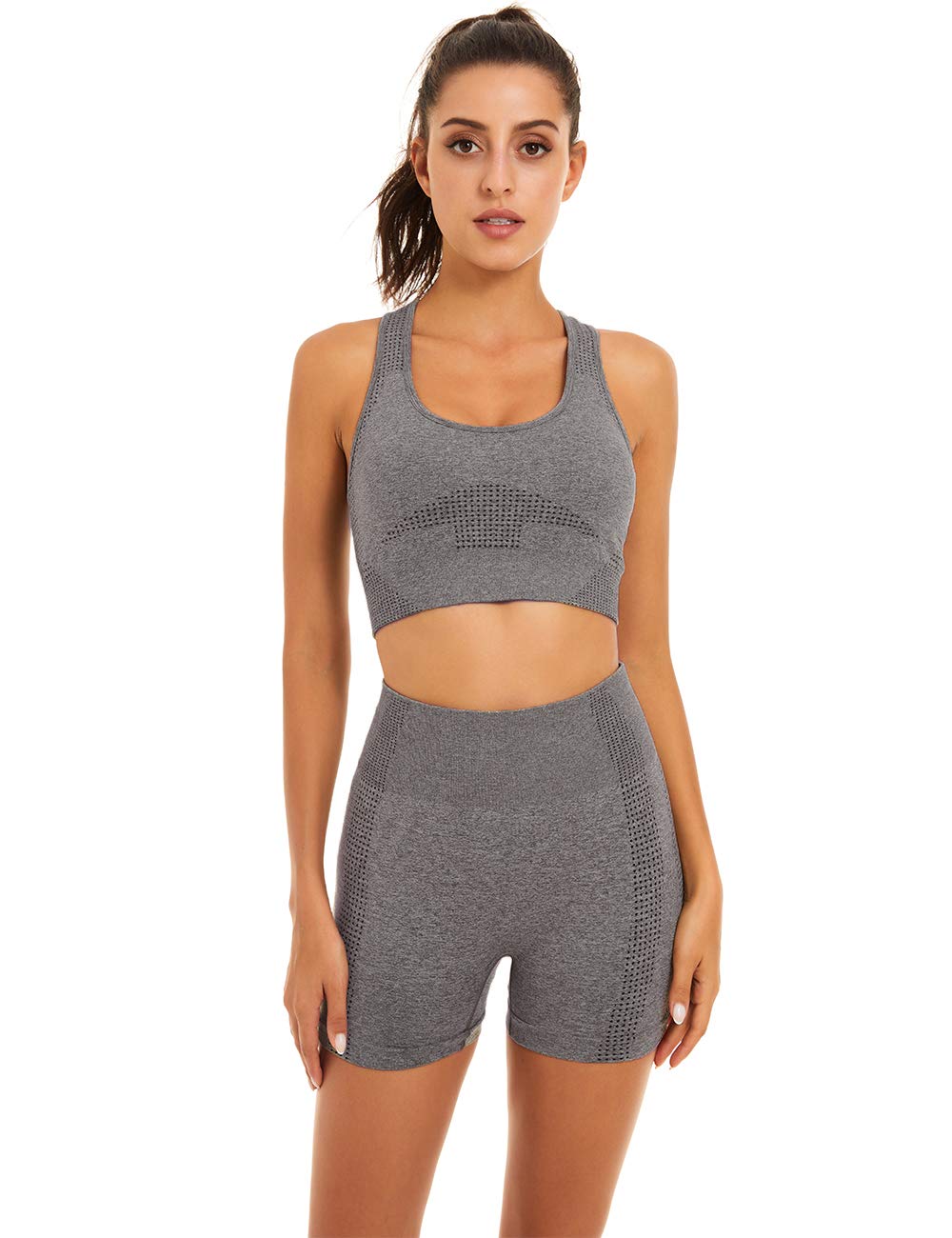 Women's Seamless Yoga Workout Set - 2 Piece Outfits with Gym Shorts & Sports Bra for Yoga, Pilates, Gym & Running