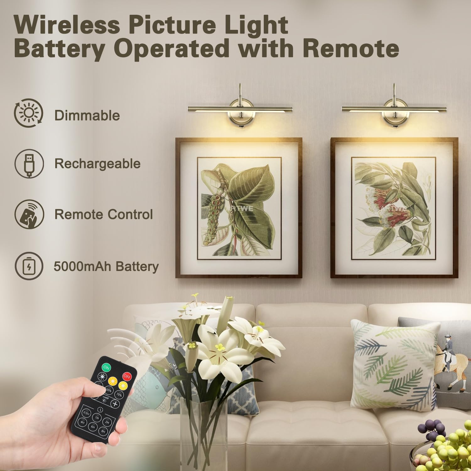 JOOSENLUX Modern Wall Lights - Battery Operated Antique Bronze Wireless Picture Lighting (16.5 Inch) - Dimmable Under Cabinet Lights for Kitchen with Swing Arm - CRI95+ Wall Sconce for Canvas Art & Home Decor | Perfect for Gallery Walls, Bedroom Accent Lighting & Kitchen Task Illumination