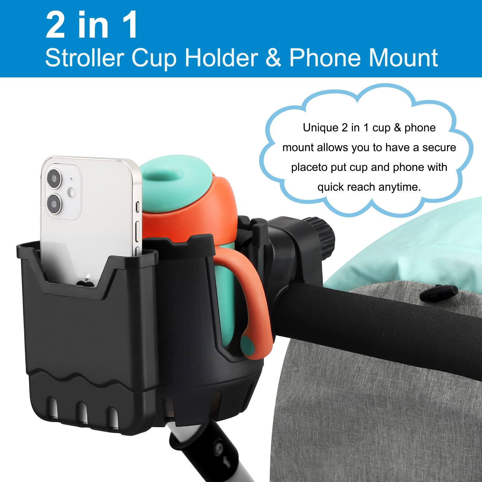 **Accmor Universal 2-in-1 Cup & Phone Holder for Strollers, Bikes, Wheelchairs, Walkers, Scooters - Compatible with Uppababy, Nuna, Doona | Perfect for Outdoor Activities, Travel, and Daily Commute**
