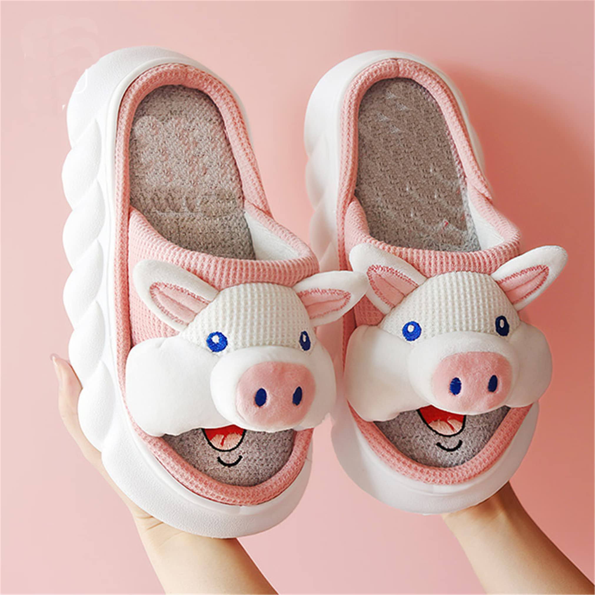 AZCHEN Women's Animal Slippers - Cute Cartoon Pig House Slippers, Soft Plush Linen Indoor Slippers for Women, Comfortable Home Footwear for Lounge, Bedroom & Gift Giving