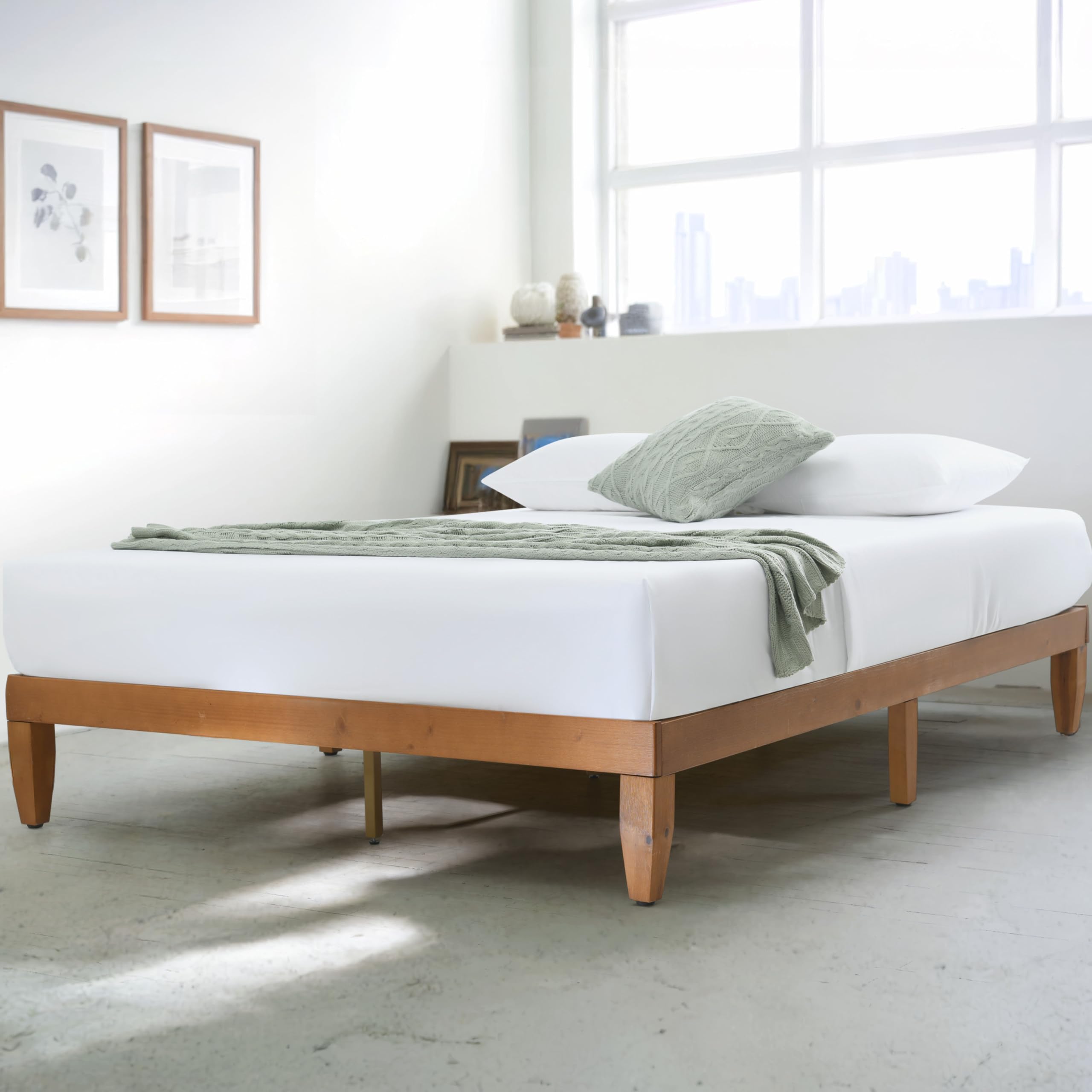 Solid Pine Wood Platform Bed Frame Queen Size - 12 Inch Sturdy No Box Spring Needed with Wooden Slats & Leveling Feet | Easy Assembly & Improved Stability | Perfect for Modern Bedrooms, Guest Rooms & Small Spaces
