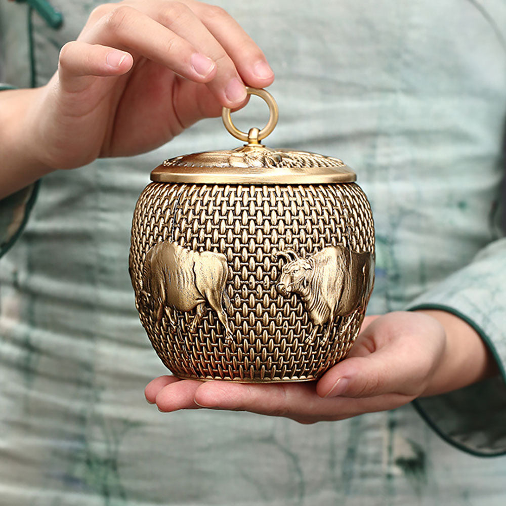 Five Cattles Brass Tea Caddy - Premium Airtight Tea Storage Container for Loose Leaf Tea, Herbs & Spices | Perfect for Kitchen, Pantry & Tea Ceremony Gifts
