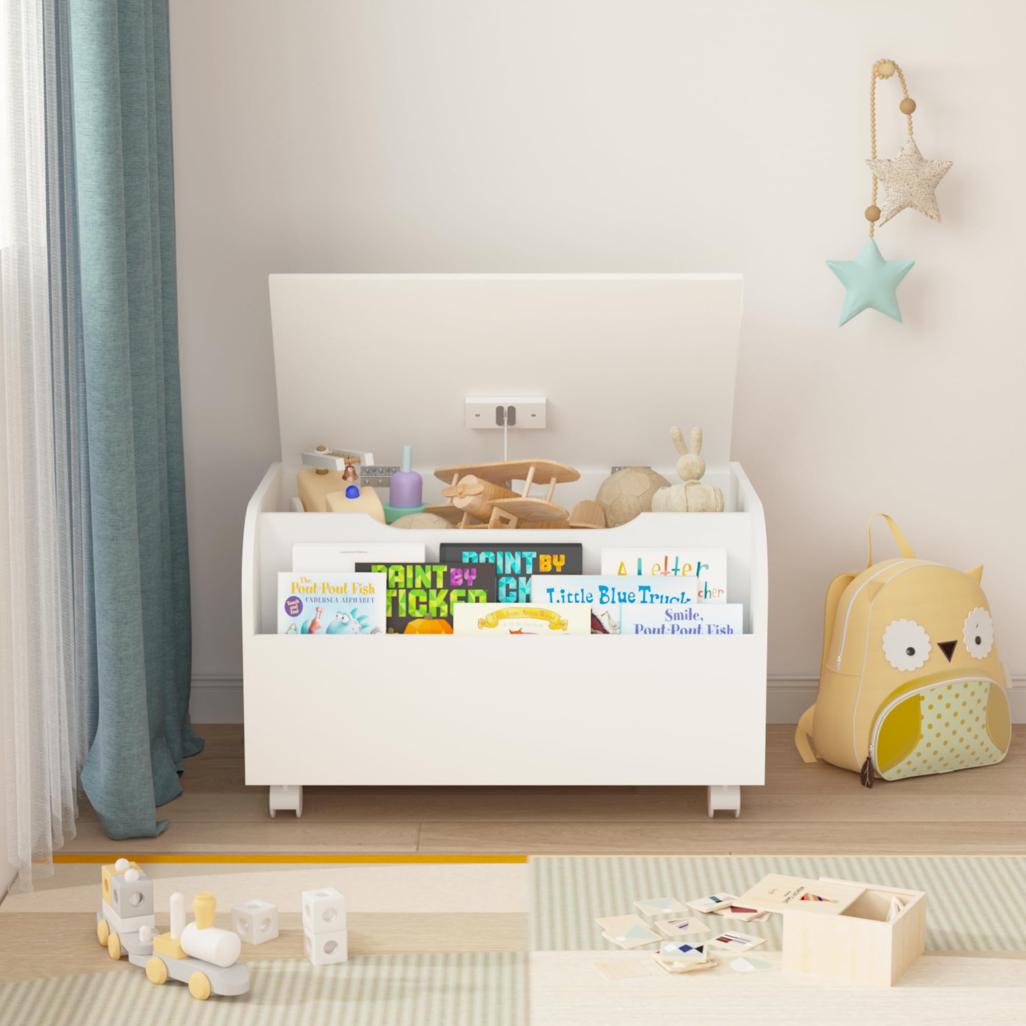 **Wooden Toy Chest with Bookshelf & Storage Organizer – Flip-Top Lid, Safety Hinge, 4 Universal Wheels – Kids Toy Box for Playroom & Bedroom Organization (White) – Perfect for Boys & Girls Toys, Books & Room Decor**