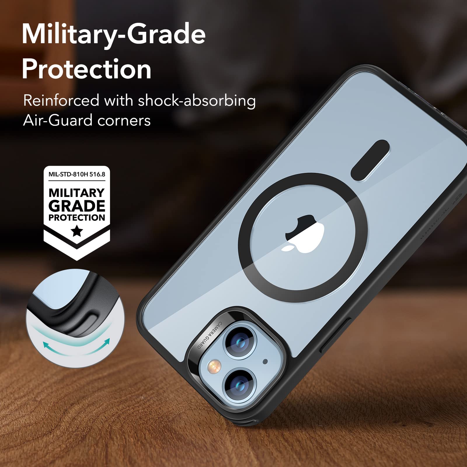 ESR Classic Hybrid Magnetic Case with HaloLock for iPhone 14/13 - Military-Grade Shockproof Protection, MagSafe Compatible, Scratch-Resistant Clear Black Back - Perfect for Work, Travel & Everyday Use
