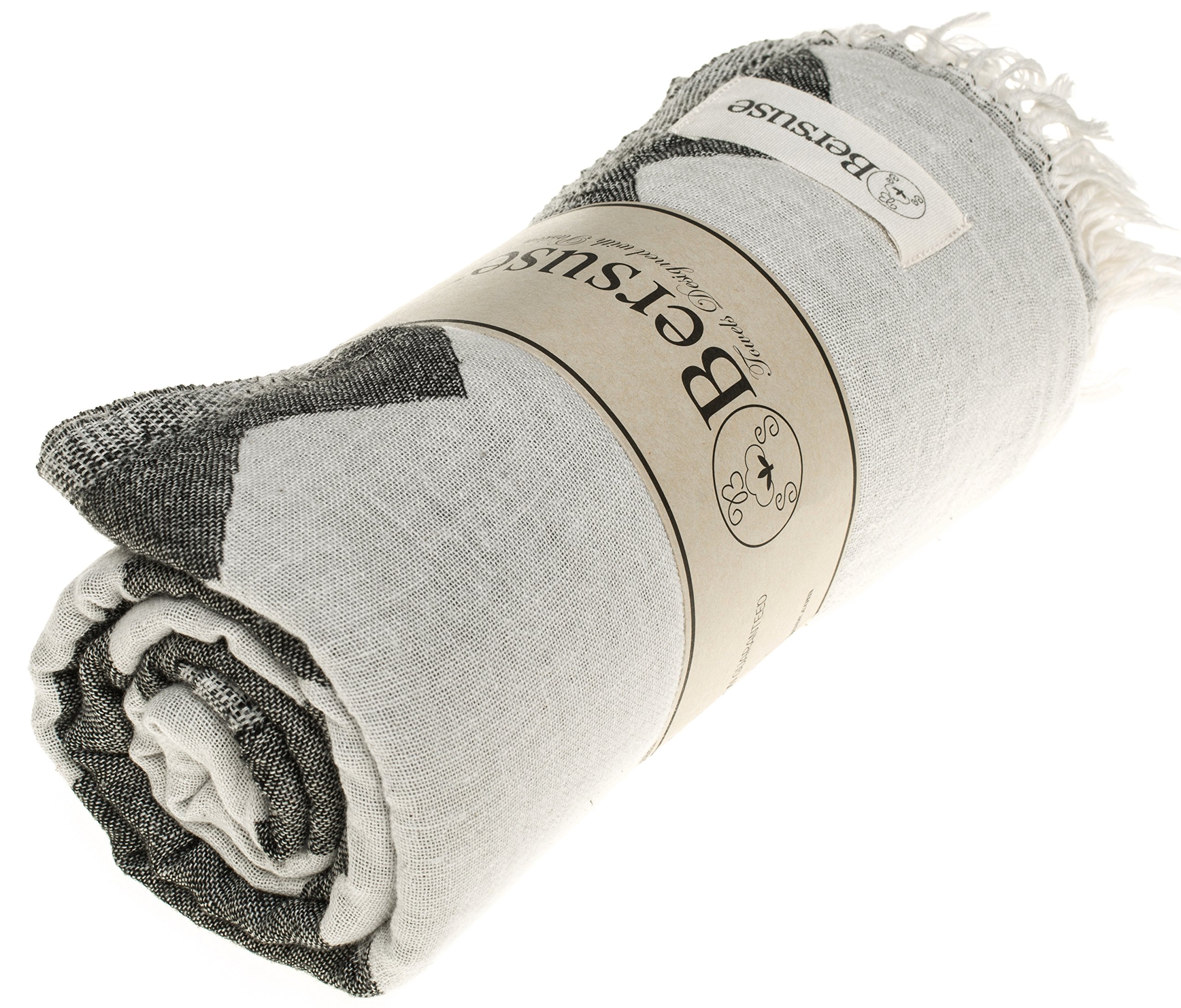 Bersuse 100% Cotton Palenque Turkish Towel - Ultra Absorbent & Quick Dry Beach Towel, Bath Towel, Peshtemal - 37x70 Inches (Set of 3, Black) - Perfect for Pool, Spa, Travel & Yoga