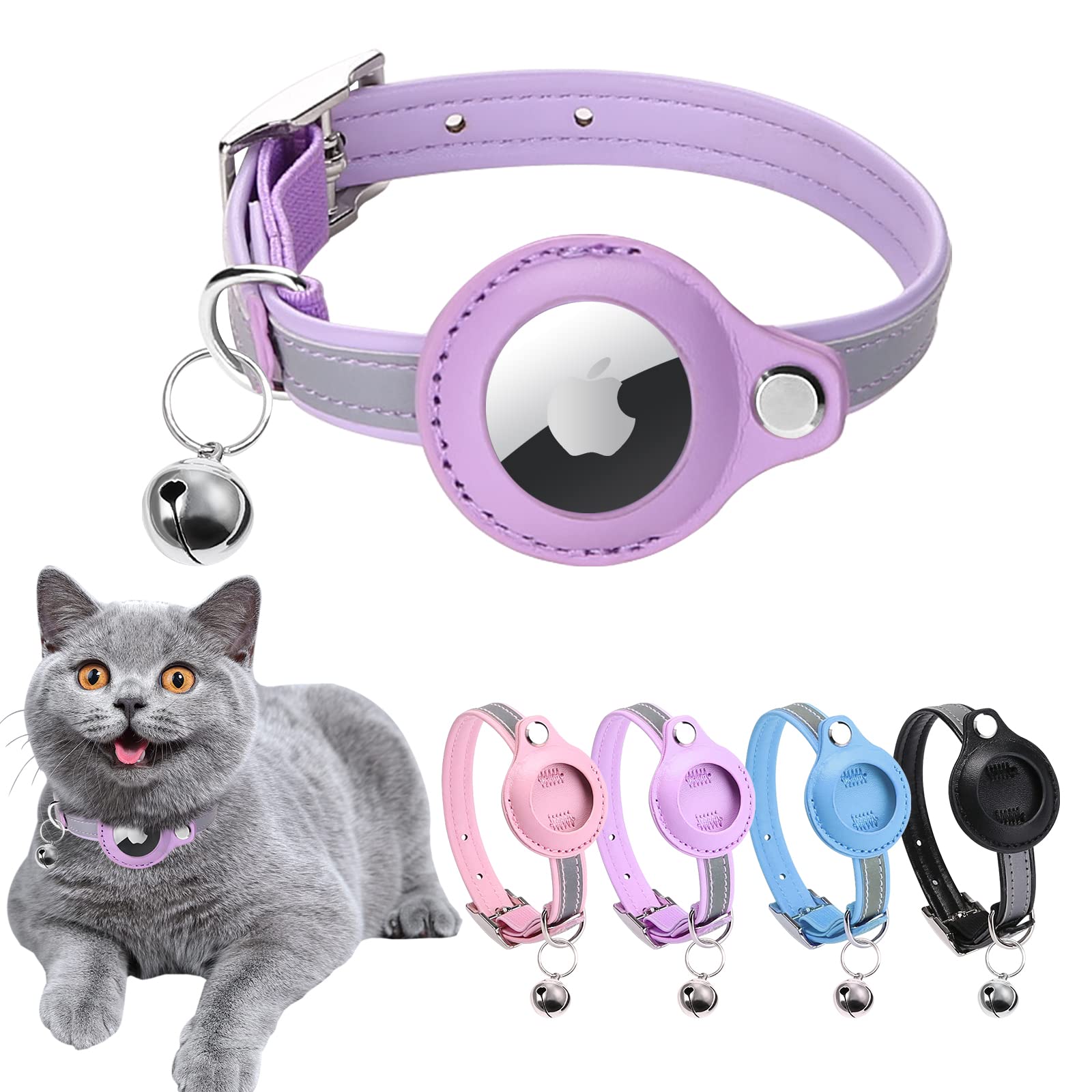 GPS Cat Collar with Reflective Bells - Leather Pet Tracker Collar for Small Cats (Blue/Purple, XS 7.5-10.2