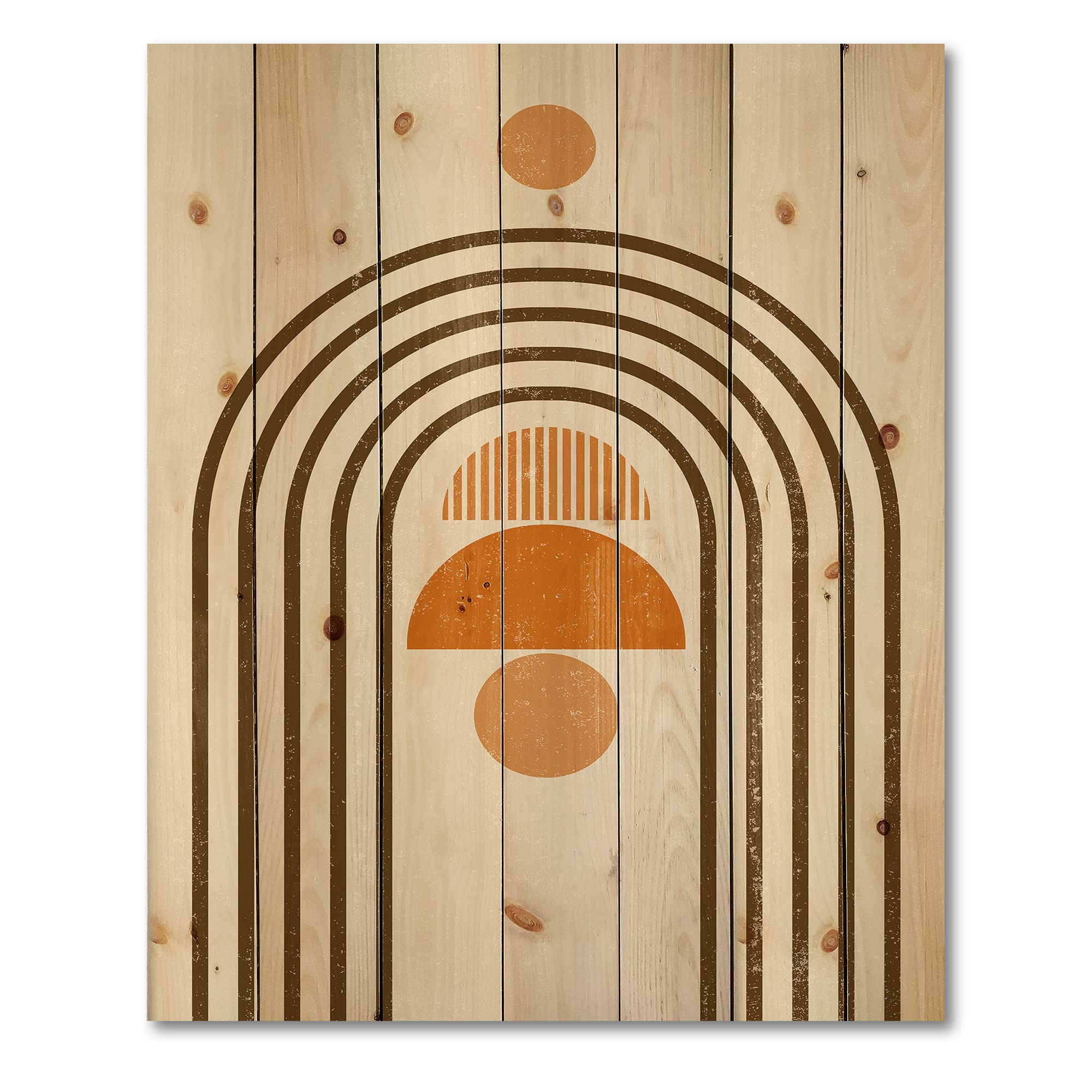 Abstract Rainbow Sun and Moon Wood Wall Art - Earth Tone Modern Geometric Wall Decor, Large Orange Pine Wood Panel for Living Room & Bedroom