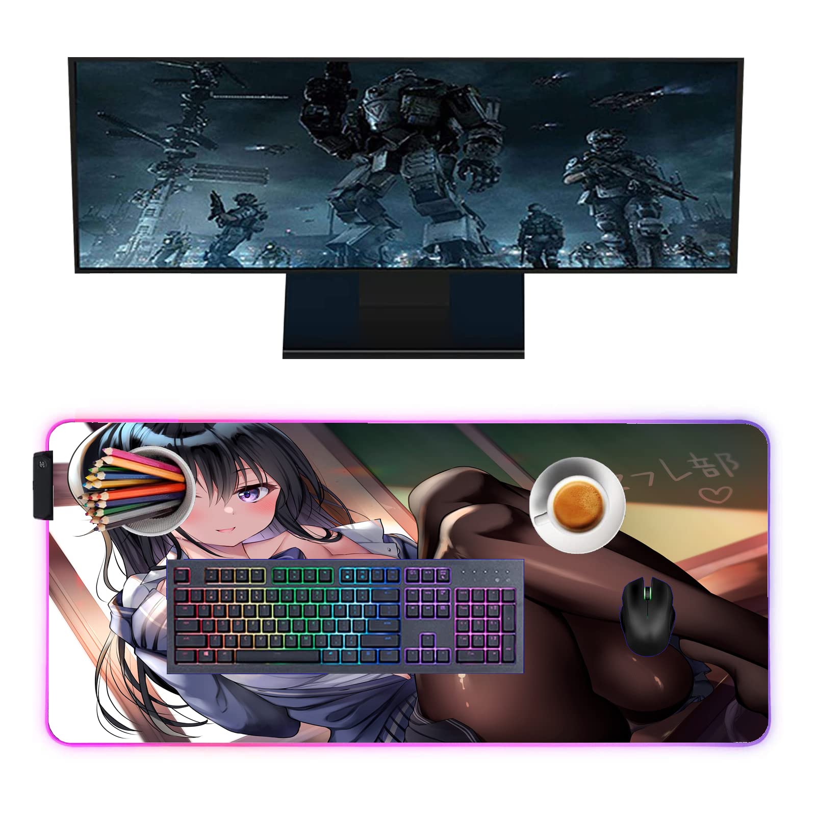 Anime Girl RGB LED Gaming Mouse Pad - 35.43 x 15.74 Inch Glowing Extended Keyboard Mat for PC Setup | Colorful Illuminated Desk Accessory for Gamers & Office Work