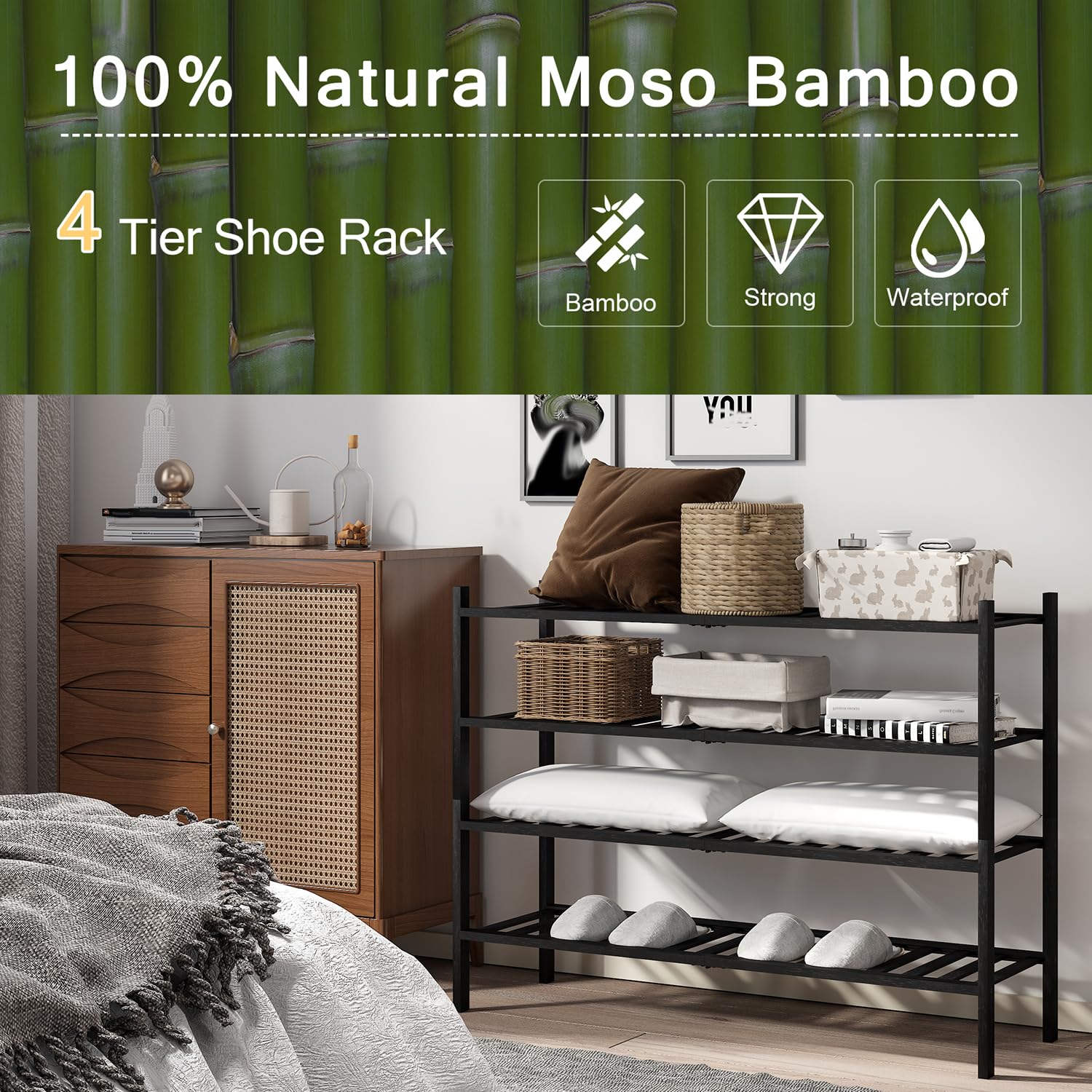 4-Tier Bamboo Shoe Rack Organizer - Stackable Shoe Shelf for Closet, Entryway & Hallway - Space Saving Shoe Storage Solution for Sneakers, Boots & Sandals (Black) - Perfect for Small Apartments & Mudroom Organization