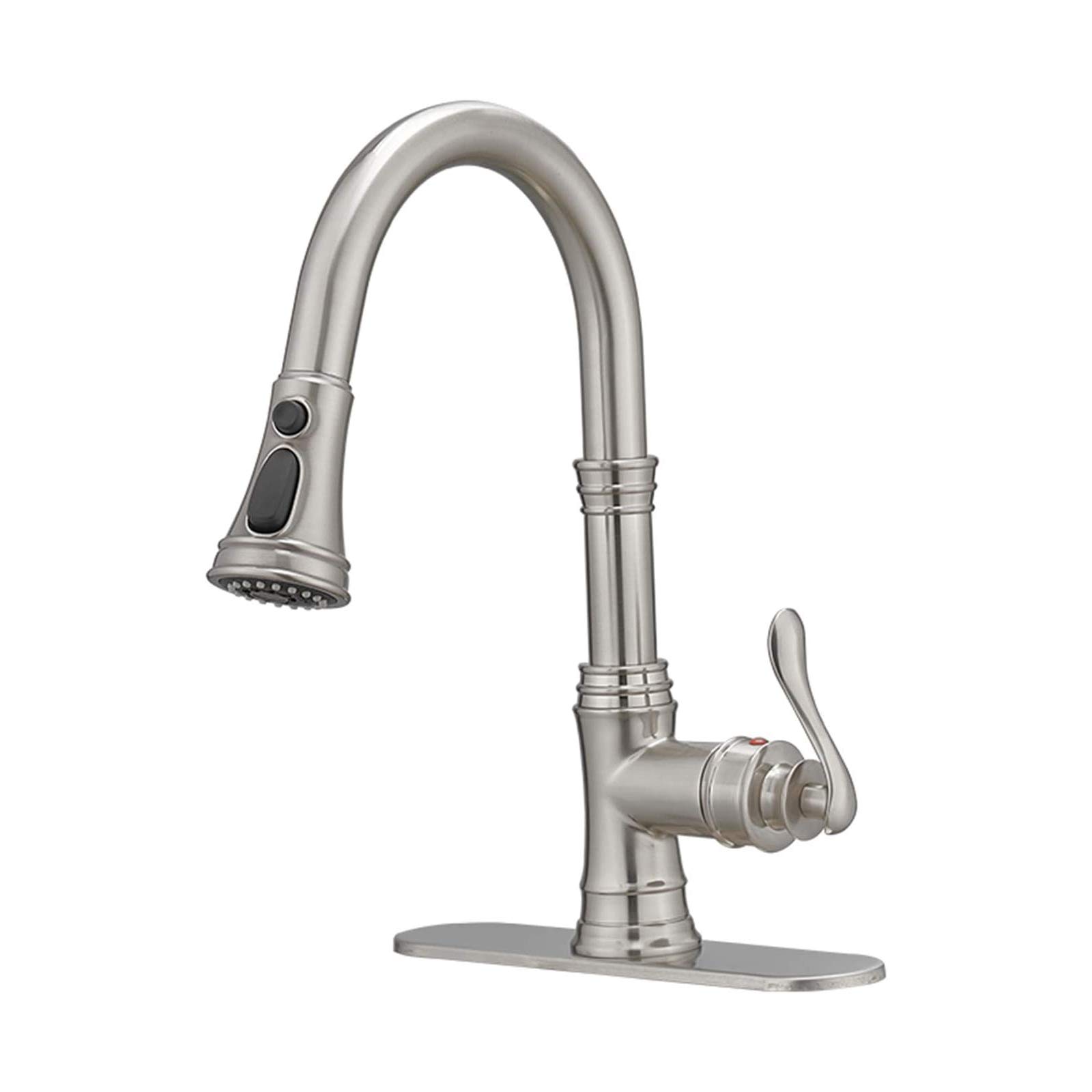 BWE Brushed Nickel Pull-Out Kitchen Faucet - 3 Spray Modes, High Arc Single Handle Design with Deck Plate | Lead-Free Commercial Grade for Farmhouse & Bar Sinks | Perfect for Modern Kitchens & Food Prep Areas