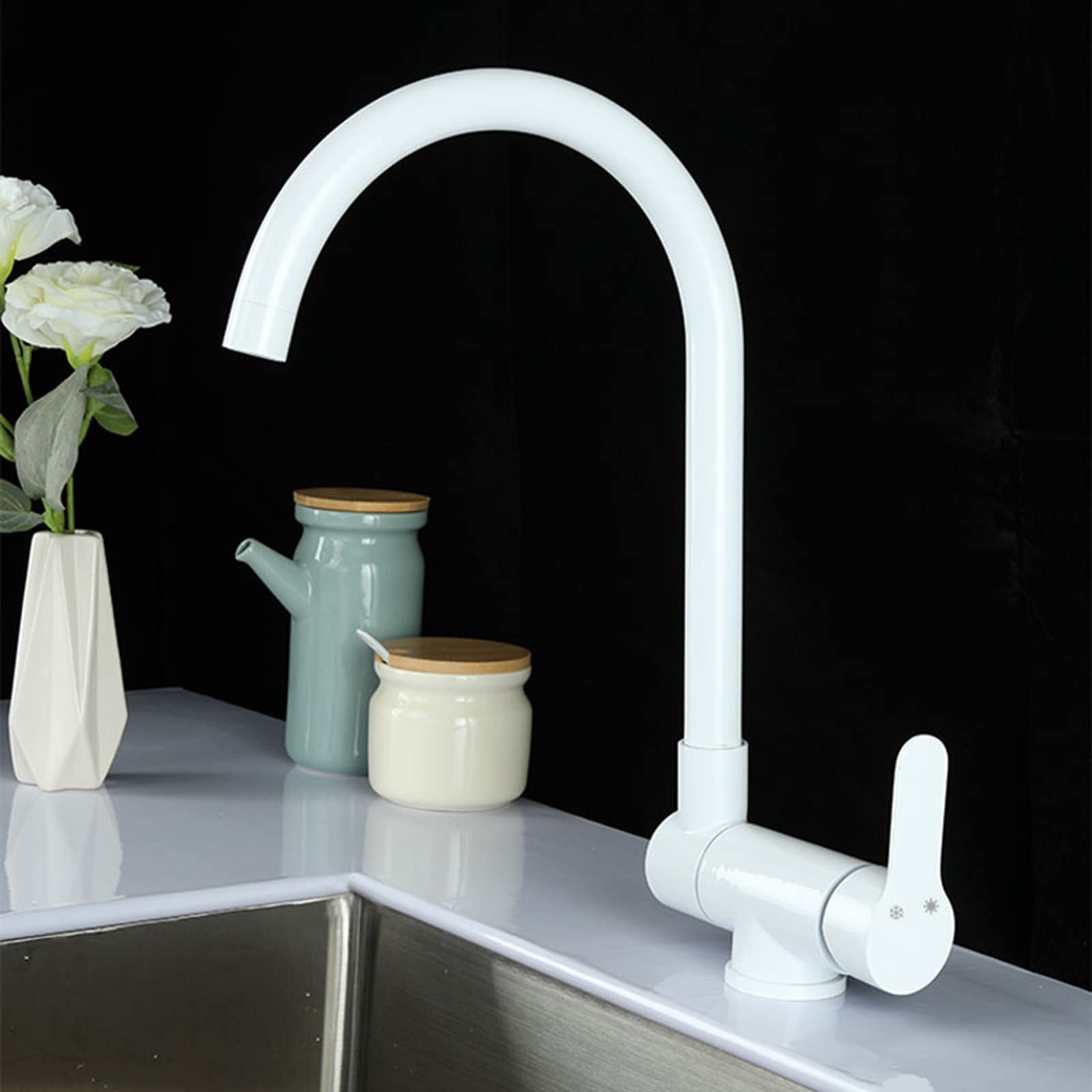 Folding Kitchen Mixer Faucets, Front Window Stainless Steel Swivel Cold & Hot Water Sink Faucet, White Kitchen Sink Mixer for Modern & Compact Spaces
