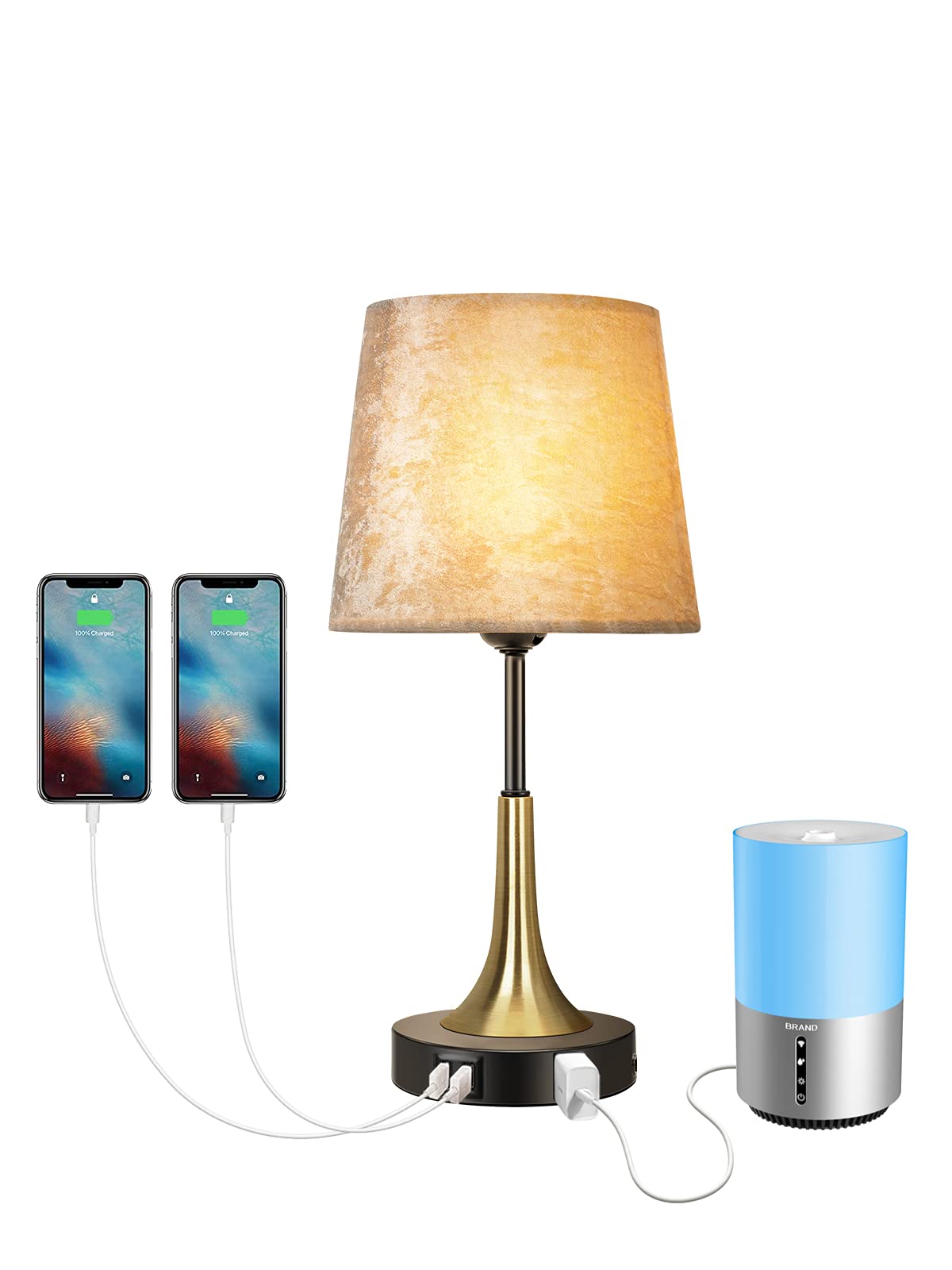 Dual USB Charging Bedside Lamp with Outlet - Metal Nightstand Table Lamp with Velvet Lampshade for Bedroom, Office & Guest Room - Gold (Ideal for Reading, Working & Charging Devices)