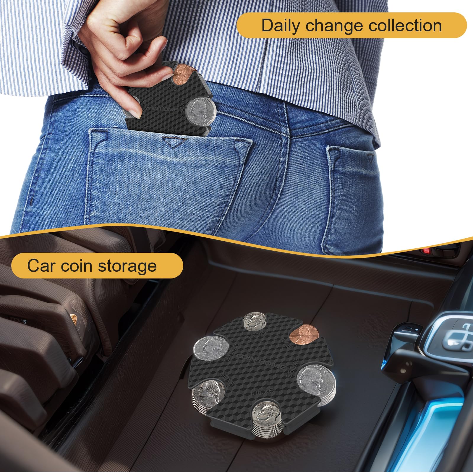 Universal Car Coin Holder - Large Capacity Change Organizer for Penny, Nickel, Dime & Quarter (Holds 32 Coins) - Portable Coin Storage for Car, Purse & Wallet (Black) | Perfect for Road Trips, Toll Booths & Parking Meters