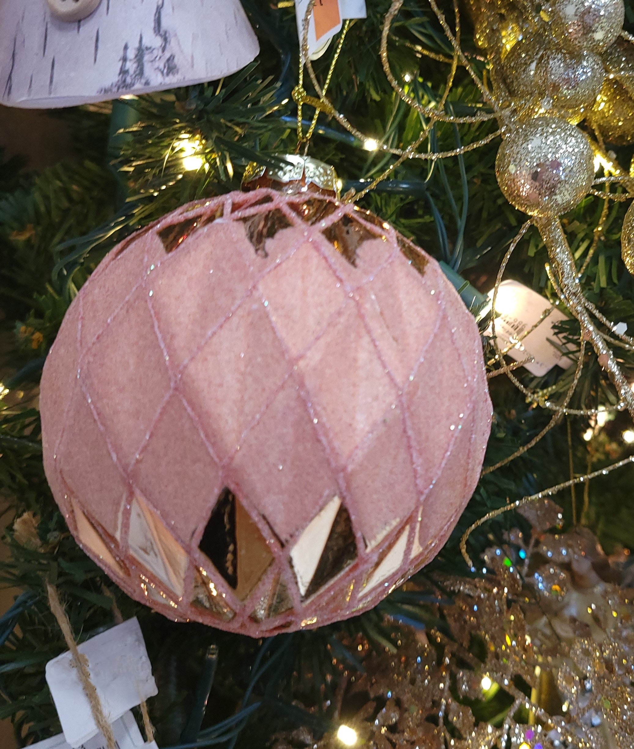 4 Pack Blush Pink Velvet Quilted Diamond Glass Christmas Tree Ornaments - Elegant Holiday Decor for Xmas Tree, Home, Party & Wedding Decorations