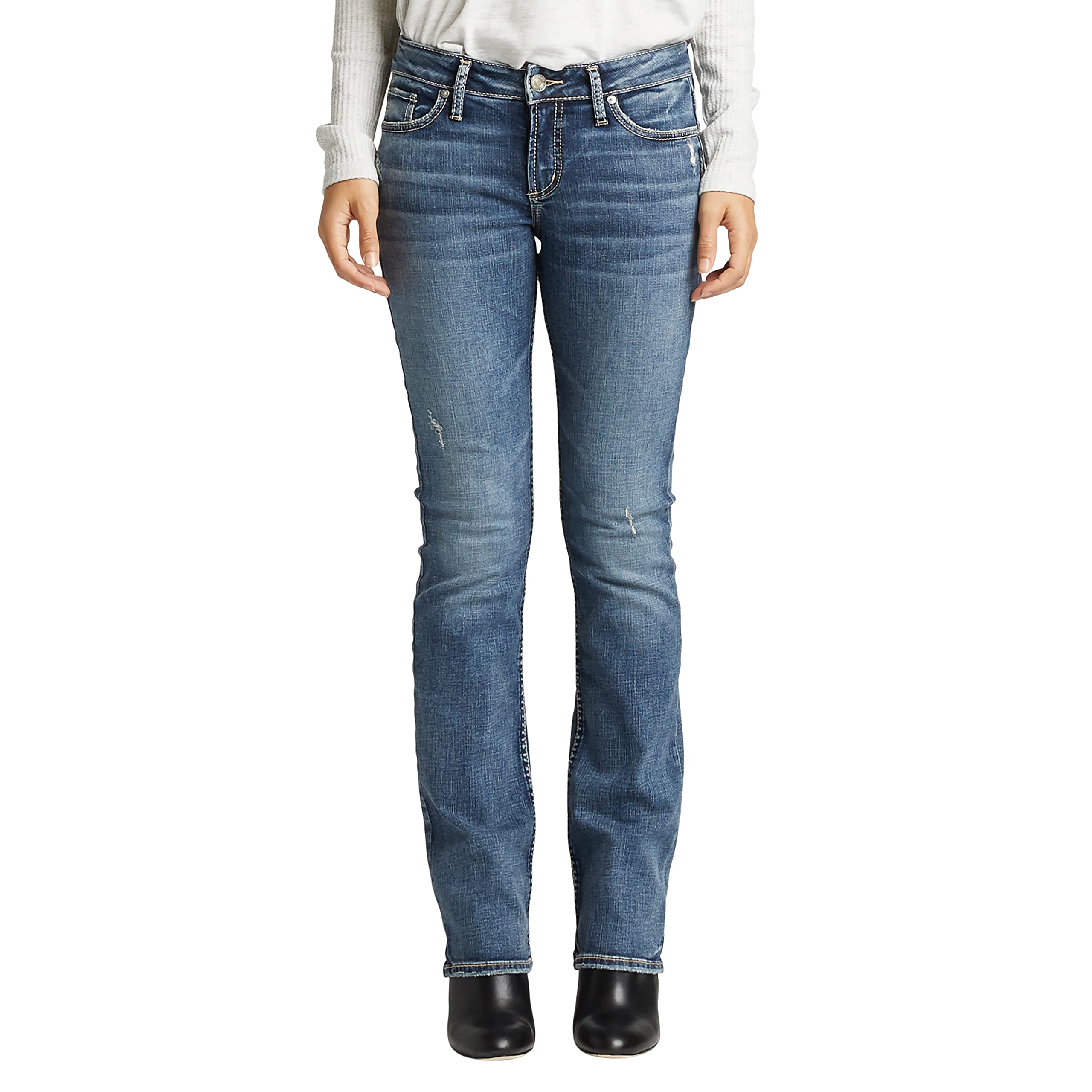 Silver Jeans Co. Women's Elyse Mid Rise Slim Bootcut Jeans - Comfortable Stretch Denim Pants for Casual Wear & Night Out