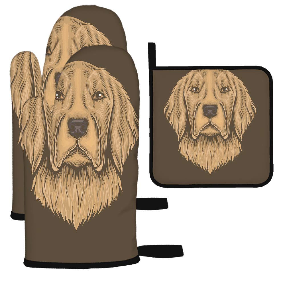 Vintage Golden Retriever Oven Mitts and Pot Holders Set - Cute Dog Portrait BBQ & Baking Gloves - Heat Resistant Kitchen Mittens for Cooking, Grilling, Baking (Perfect for Holiday Gifts & Pet Lovers)