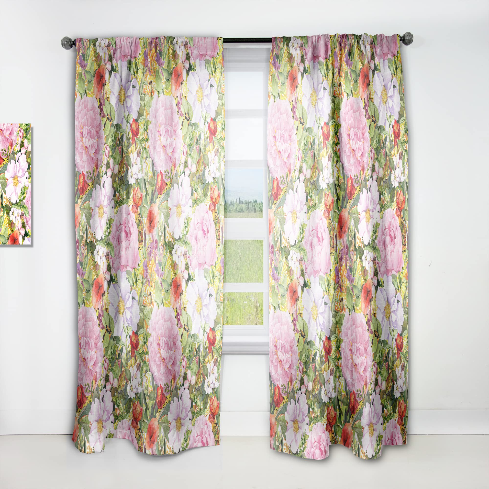 DesignQ Pink Botanical Meadow Thermal Insulated Curtains - 52x95 Inch Single Panel for Bedroom & Living Room - Energy Saving, Blackout, Home Decor