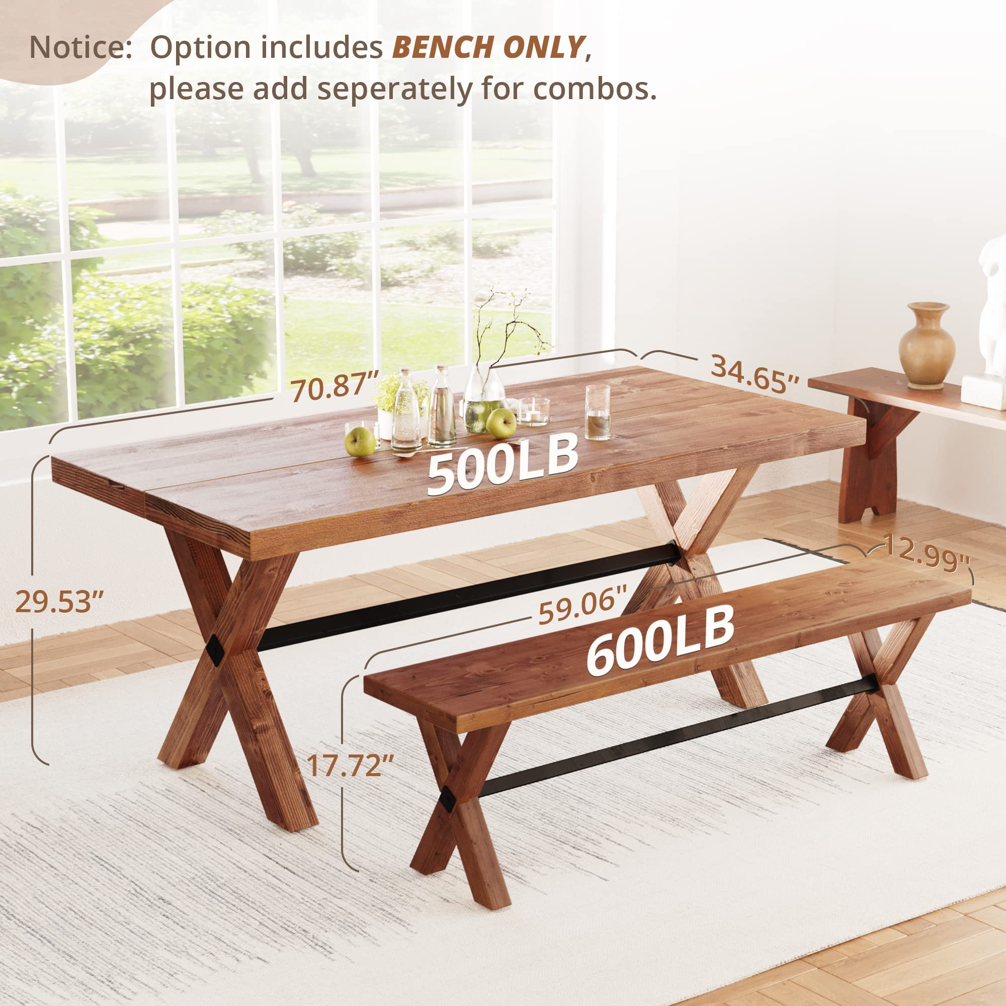 LUE BONA 59 Inch Solid Wood Dining Bench - Farmhouse Style Kitchen Bench with Natural Wood Grain - Heavy Duty Rectangular Dining Table Bench for Home, Kitchen & Dining Room - Light Brown - Perfect for Farmhouse Decor, Breakfast Nook & Family Gatherings