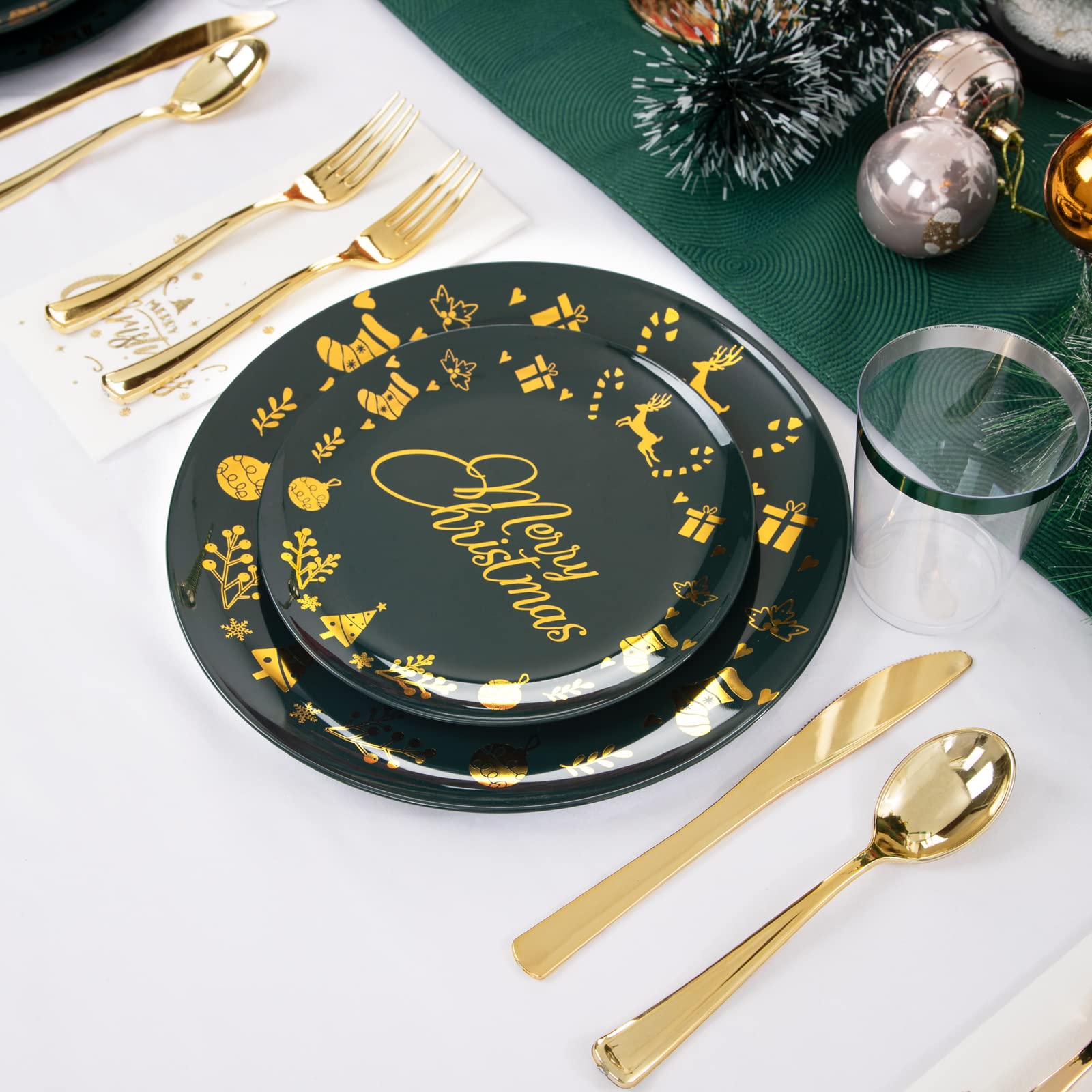 YOUBET 175-Piece Christmas Party Dinnerware Set - 25 Green Plastic Plates, 25 Gold Plastic Silverware (Knives, Forks, Spoons), 25 Cups & 25 Napkins - Holiday Tableware for Christmas Celebrations, Family Gatherings & Festive Decorations