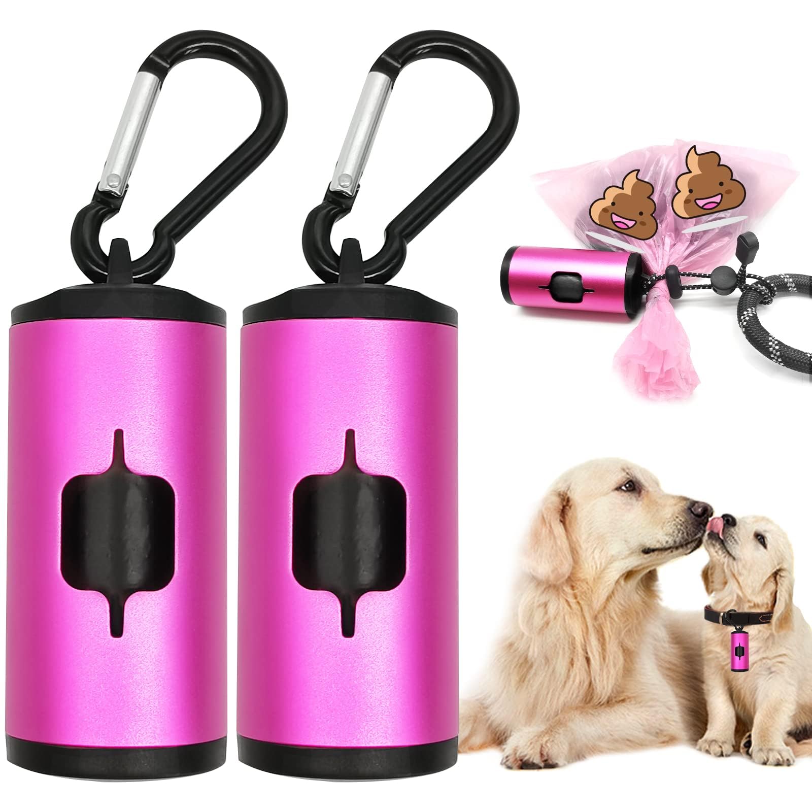 **Eco-Friendly Aluminum Dog Poop Bag Holder with Carabiner Clip – Metal Pet Waste Dispenser with Hook & Loop Fastener & Elastic Cord – Includes 2 Holders & 30 Bags (Pink) – Perfect for Walking, Hiking & Travel**