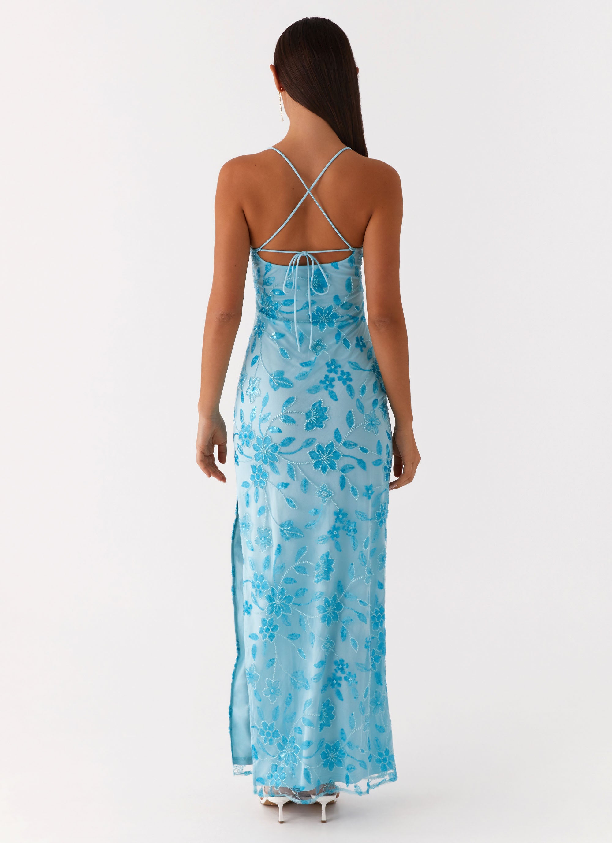 Bright Blue Beaded Maxi Dress for Women - Elegant Summer Beach Party & Evening Wear