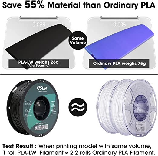 Esun PLA LW Lightweight 3D Printing Filament 1.75mm 1kg Spool - Premium White PLA Filament for Smooth 3D Printing, Ideal for Cosplay Props, Model Making & DIY Projects