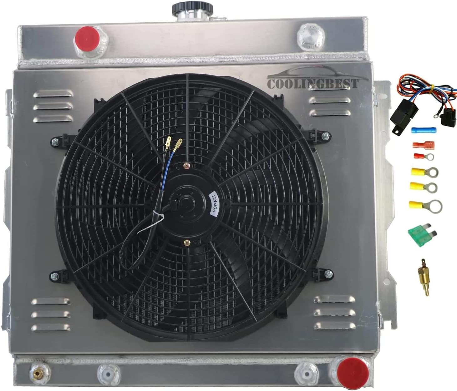 4 Row Aluminum Radiator for 1970-1979 Dodge D100 D150 D200 D300 W100 W150 W200 W300 & Plymouth 5.2L 5.9L V8 - Complete Cooling Kit with Shroud & Electric Fan Relay - Perfect for Off-Road, Towing & High-Performance Applications (Fits 1971-1978 Models)