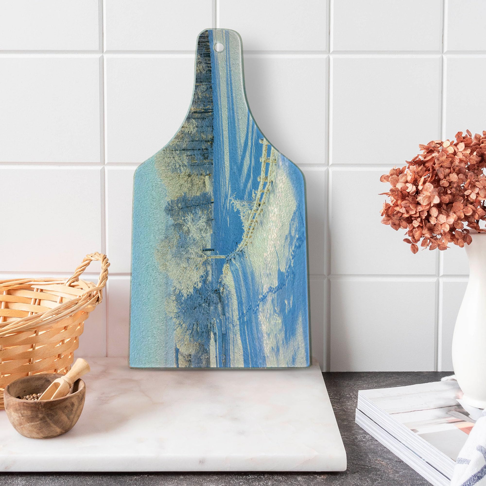Ambesonne Farmland Tempered Glass Cutting Board - Winter Snow Valley with Oak Borders, Pine Trees & Frozen Pasture Art - Decorative Serving Board for Kitchen, Charcuterie & Wine Bottle Display - White & Blue Design for Holiday Entertaining & Home Decor