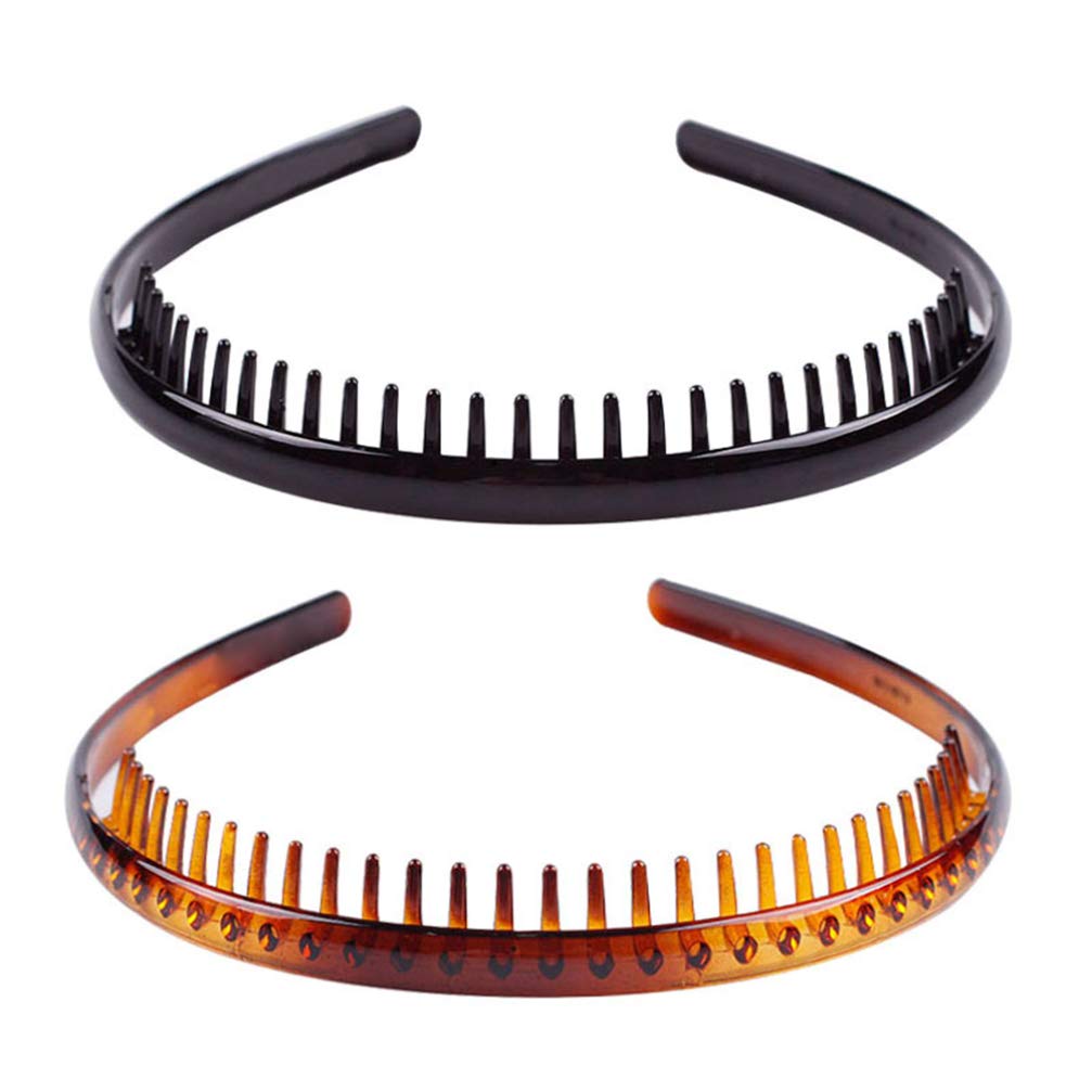 FRCOLOR 2 Pack Unisex Plastic Teeth Comb Headbands - Anti-Slip Hair Hoops for Women & Men (Coffee, Black) - Perfect for Workouts, Sports, and Everyday Hair Styling