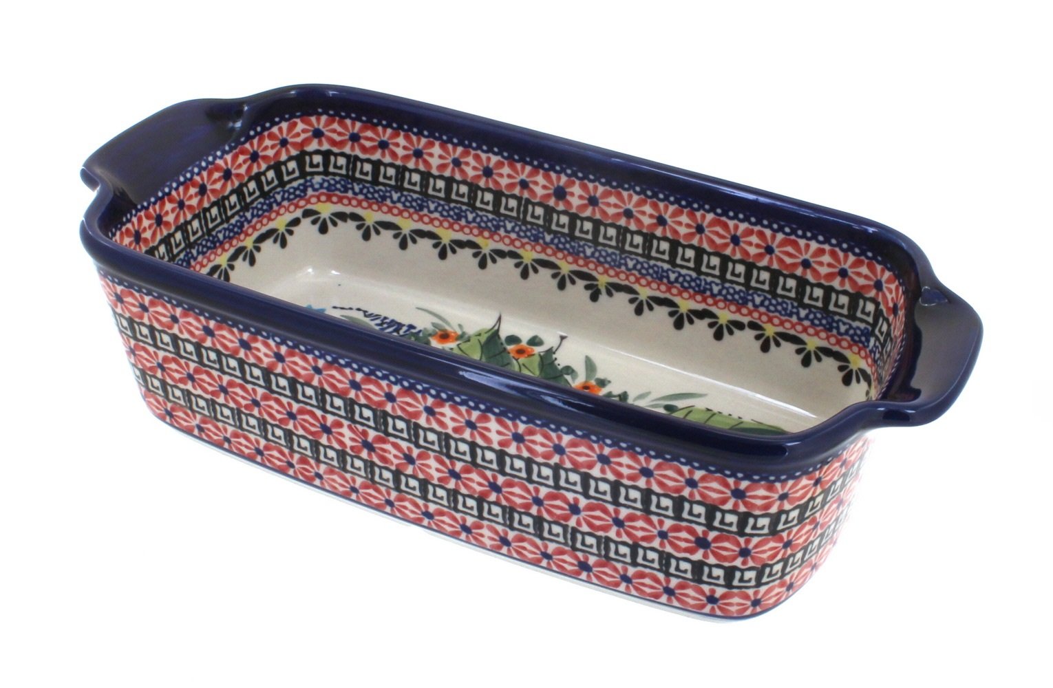 Handmade Blue Rose Polish Pottery Loaf Pan with Floral Butterfly Design - Perfect for Baking Bread, Cakes & Pastries | Rustic Farmhouse Kitchen Decor Gift