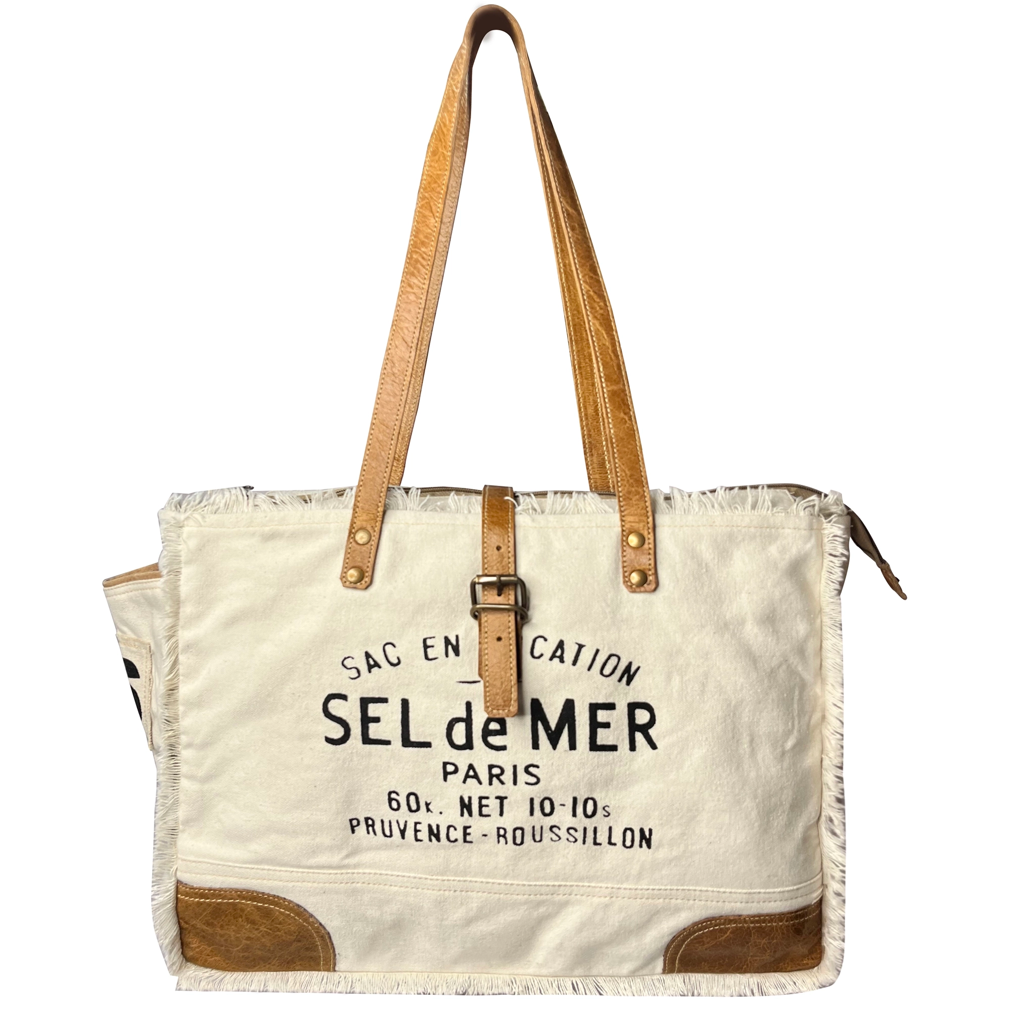 Stylish Leather & Canvas Tote Bag for Women - French Inspired Sel de Mer Shoulder Bag in White | Perfect for Work, Travel & Beach Day Essentials