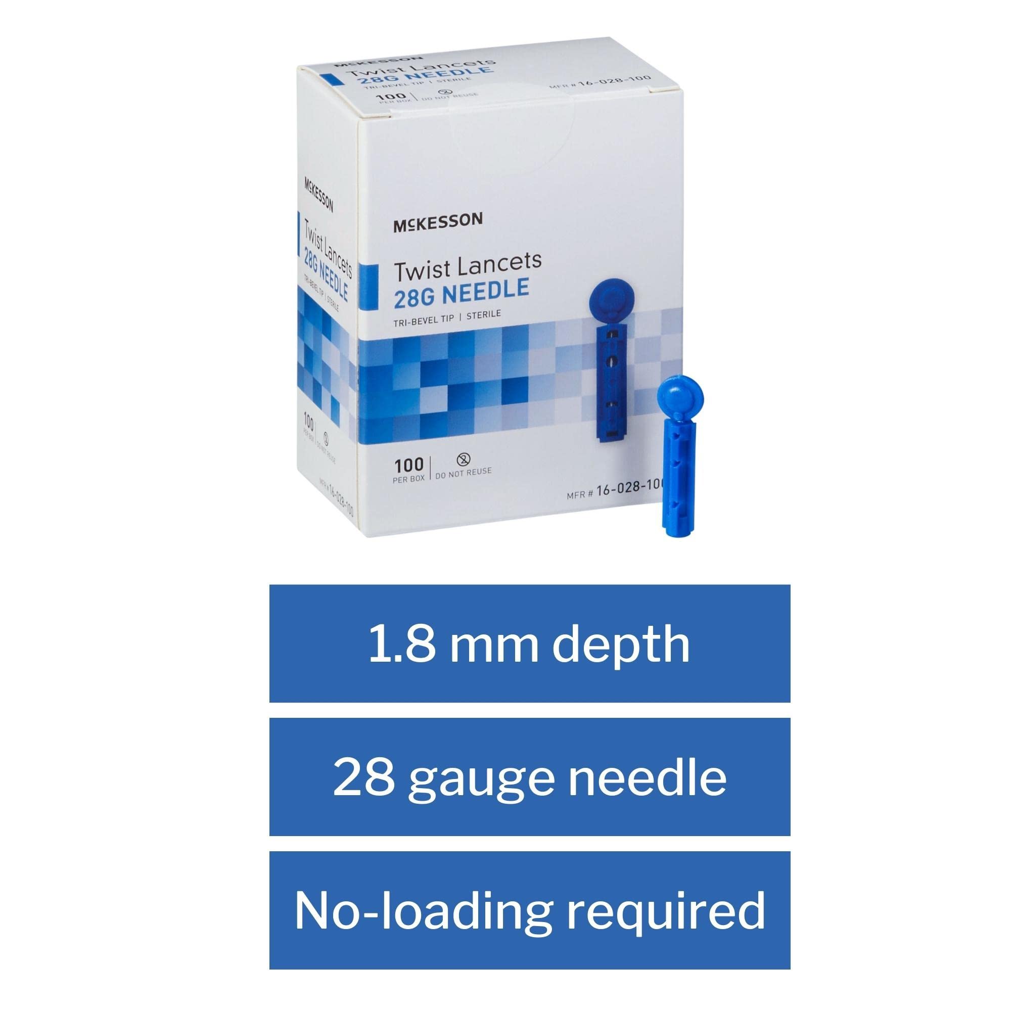 McKesson 16-028-100 Twist Top Lancet Needles - 28 Gauge, 1.8mm Depth (100 Count) - Painless Blood Sugar Testing for Diabetes Monitoring at Home & Clinics