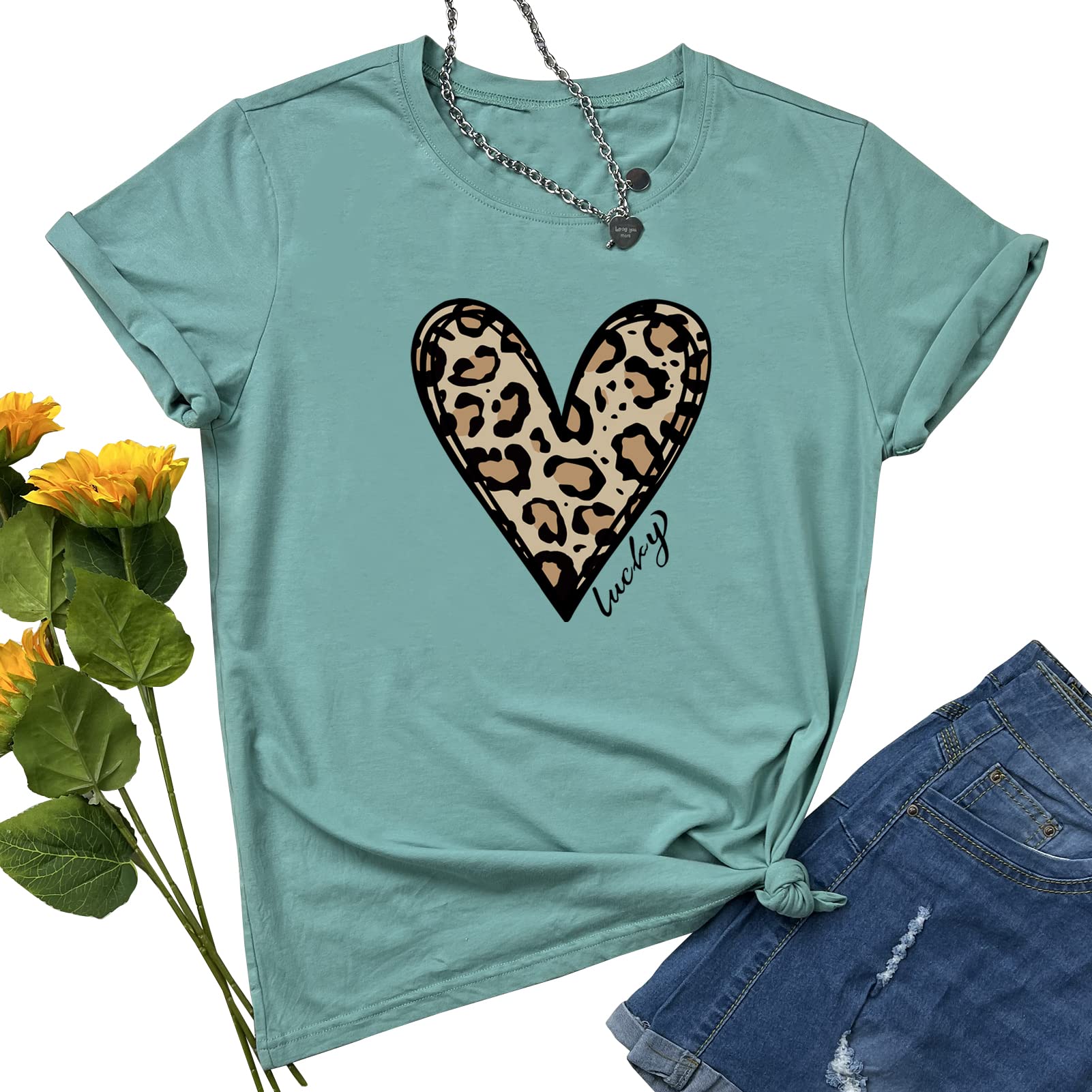 YITAN Women's Graphic T-Shirts - Cute Leopard Heart Print Tops for Casual Wear & Street Fashion