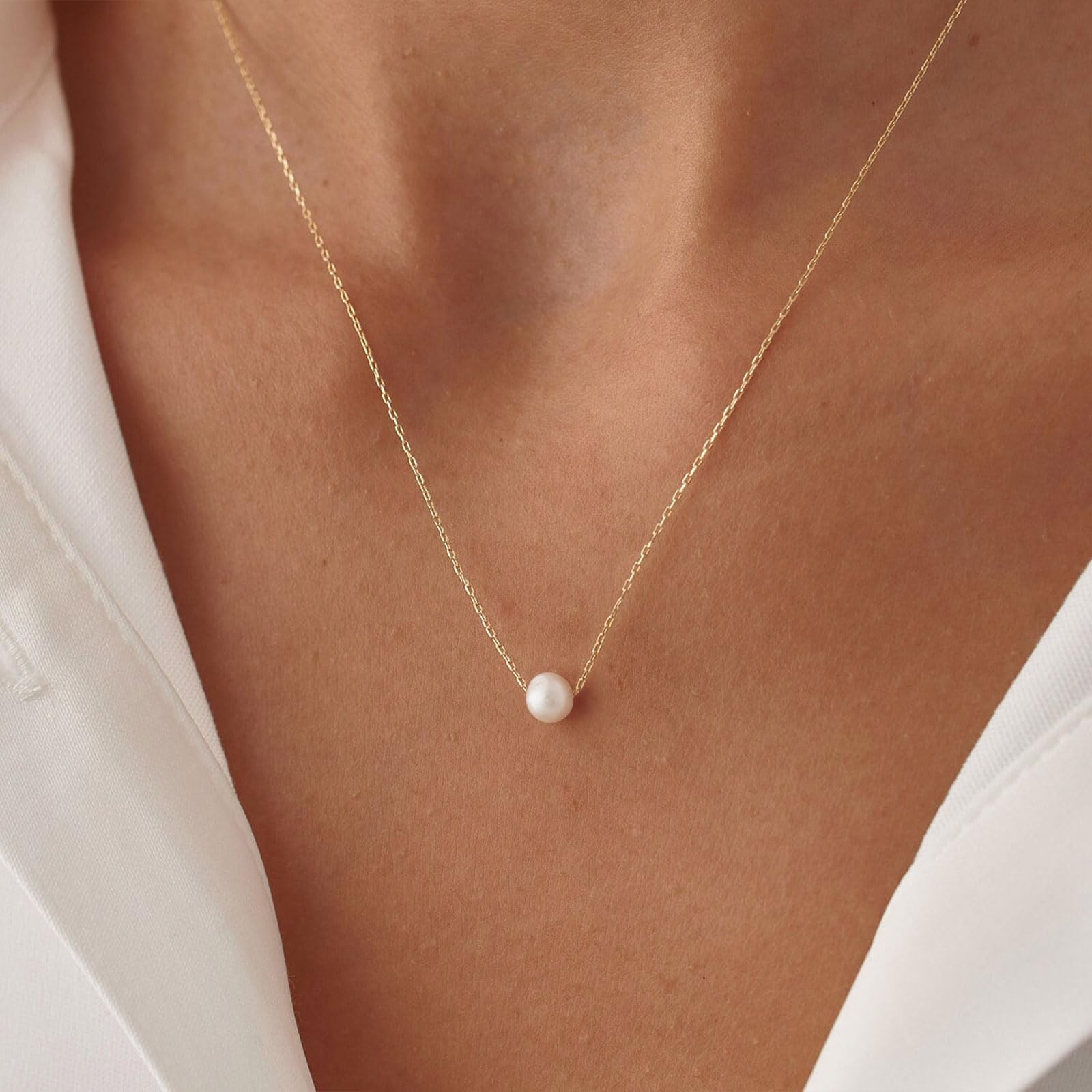 VRIUA 14K Gold Plated Pearl Necklace for Women - Dainty Minimalist Everyday Jewelry, Perfect for Office, Wedding, Party & Gift Giving