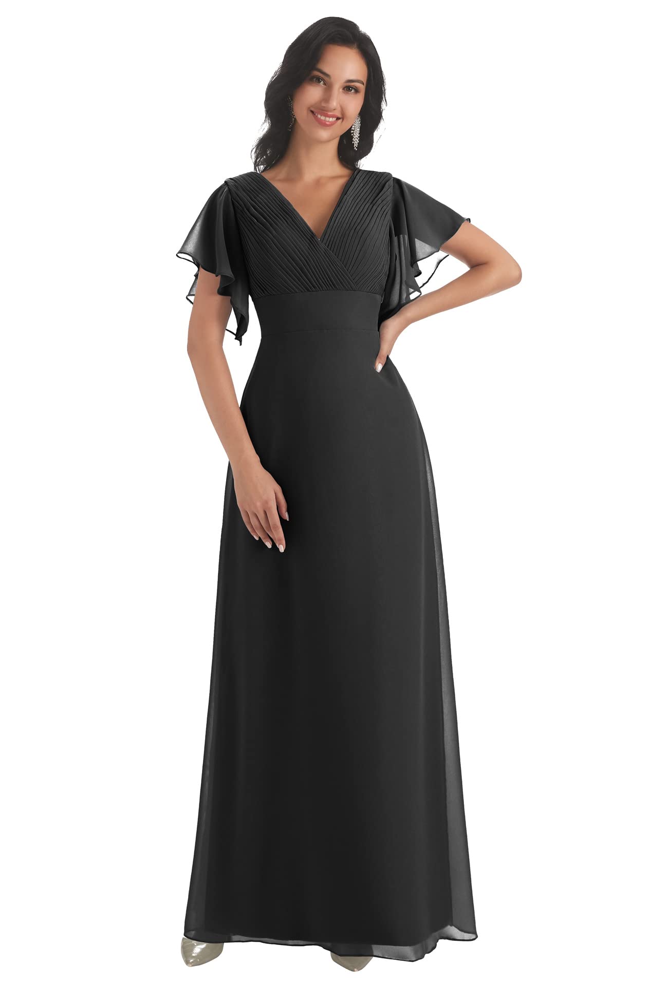 Elegant V-Neck Chiffon Mother of the Bride Dress with Flutter Sleeves - A-Line Formal Evening Gown for Weddings, Parties & Special Occasions