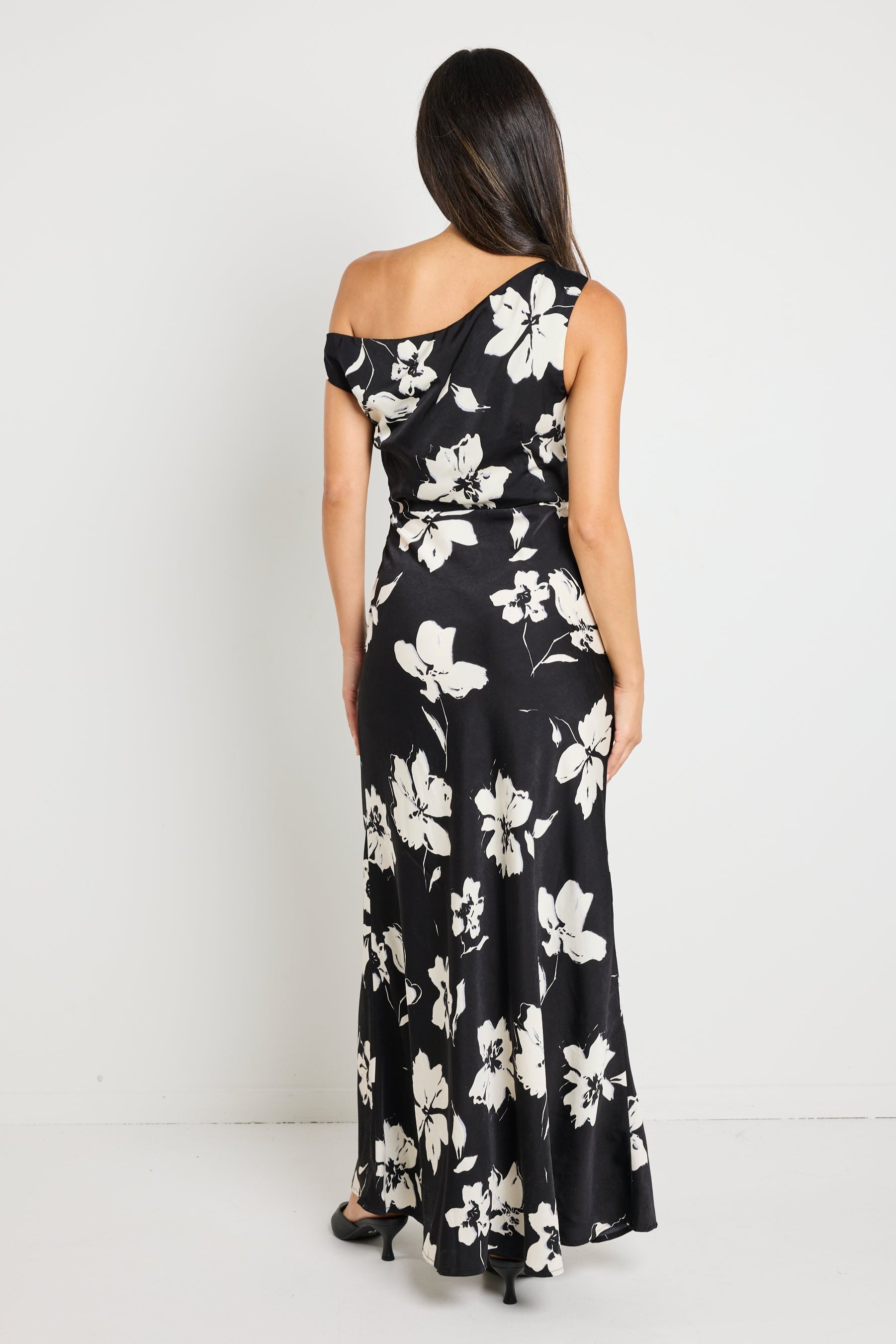 Black Floral Satin Off Shoulder Flare Midi Dress - Elegant Party & Evening Wear for Women - Perfect for Weddings, Date Nights & Special Occasions