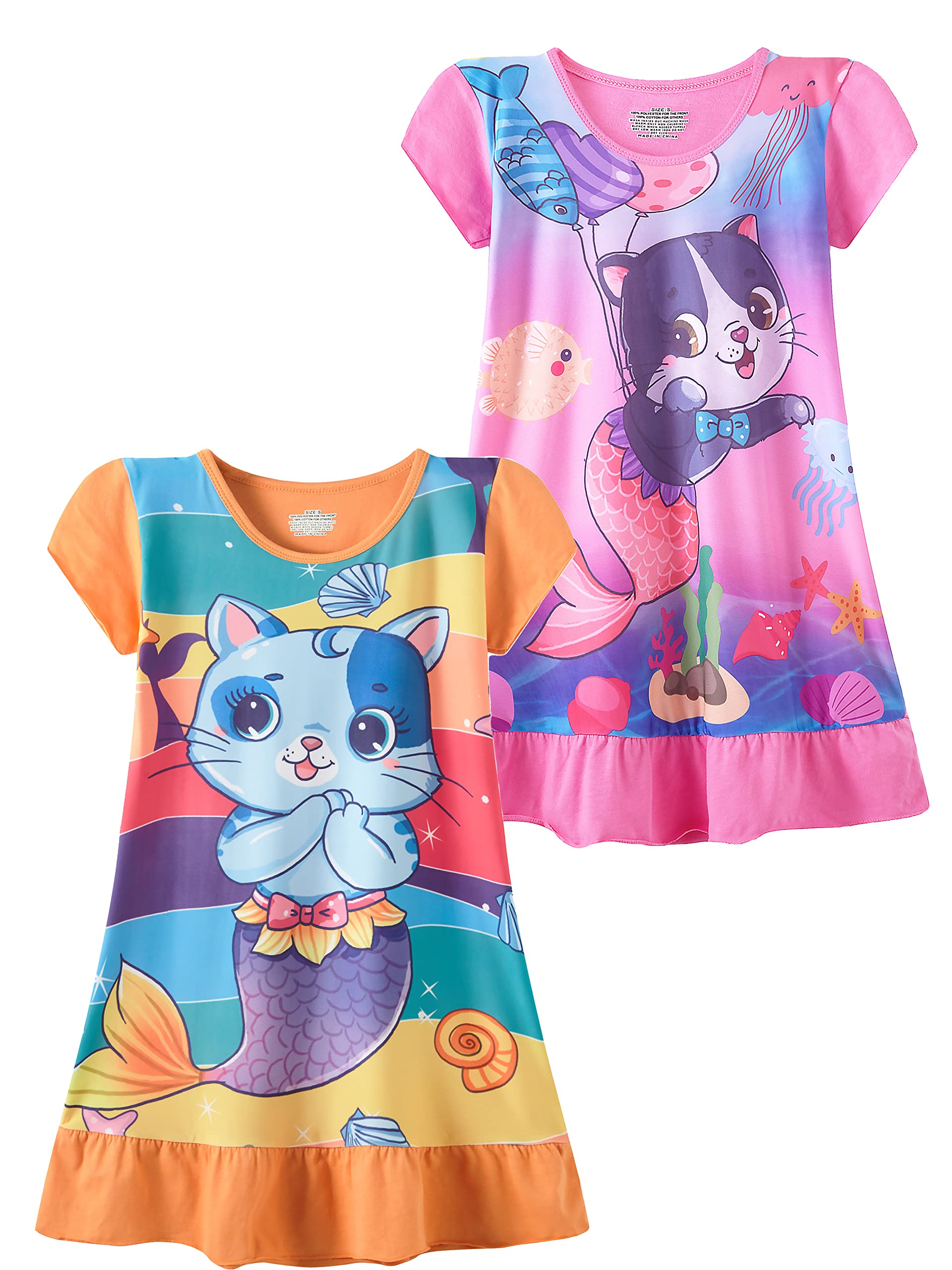 SOIBEEN Girls Nightgowns 2-Pack - 3D Printed Cotton Sleepwear for Girls 2-9 Years | Soft & Comfortable Pajama Set for Bedtime, Sleepovers & Loungewear