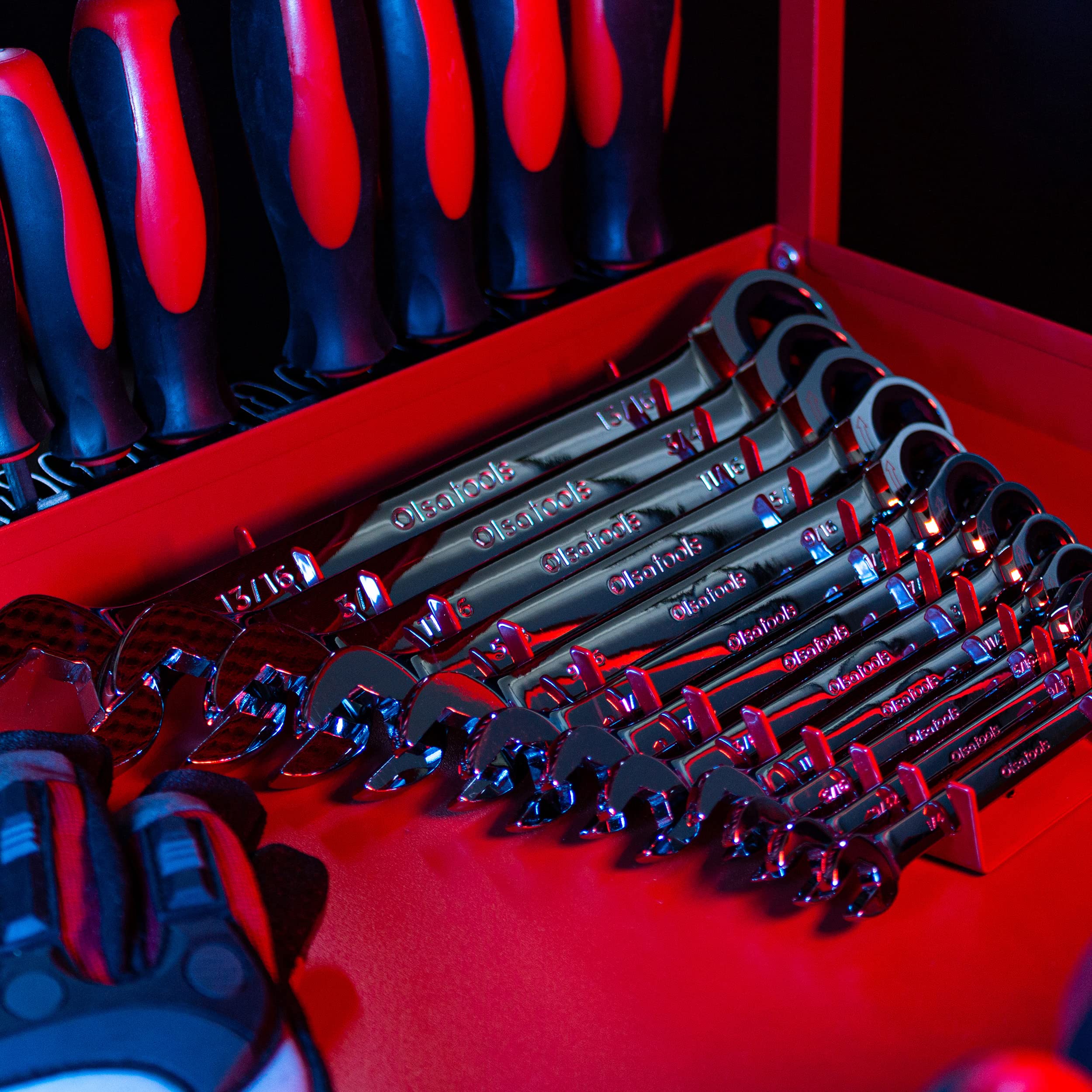 Olsa Tools 12-Piece Magnetic Wrench Organizer Set | Heavy-Duty Wall Mounted Wrench Rack & Stubby Tool Tray | SAE & Metric Wrench Storage Holder for Professional Mechanics & DIY Garage Organization (Red) | Perfect for Toolbox, Workshop, and Garage Tool Wall Organization