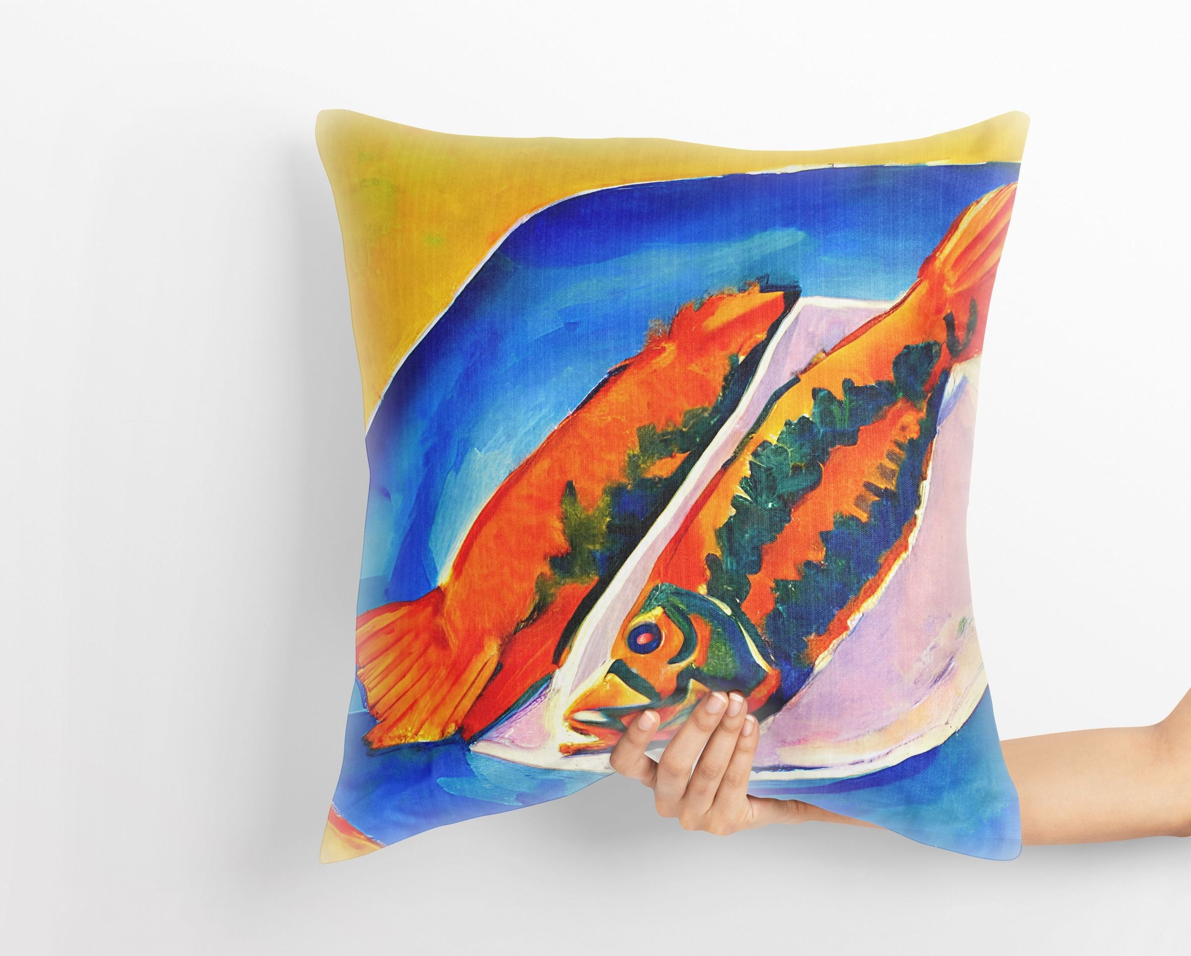Abstract Pan Fried Fishes Throw Pillow Cover - Colorful Designer Cushion Case for Living Room, Nursery Decor & Housewarming Gift - Perfect for Sofa, Bed, Dorm Room