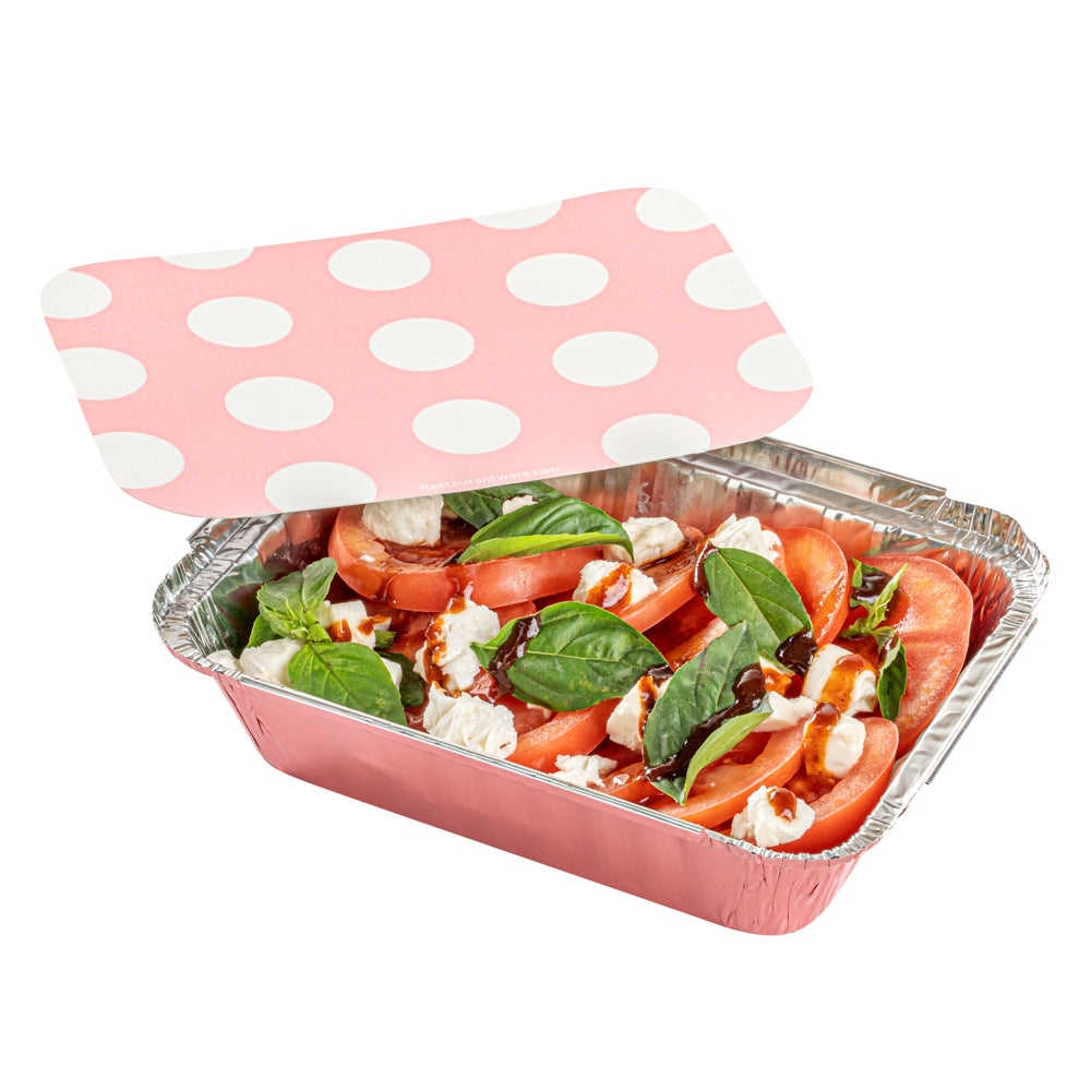 16 oz Pink Aluminum Take Out Containers with Polka Dot Paper Lids - 7.25