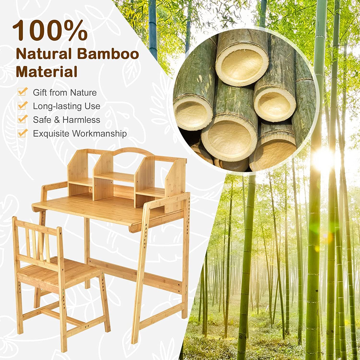 UNICOO Adjustable Bamboo Kids Desk and Chair Set - Ergonomic Study Table for Children, Eco-Friendly & Height Adjustable (Natural Wood) - Perfect for Homework, Drawing, and Online Learning at Home