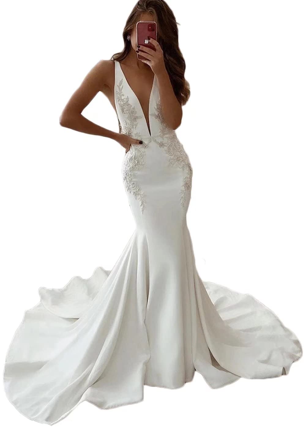 Elegant Deep V-Neck Mermaid Wedding Dress - Long Satin Backless Bridal Gown for Beach & Destination Weddings | Perfect for Bride's Special Day & Romantic Ceremonies