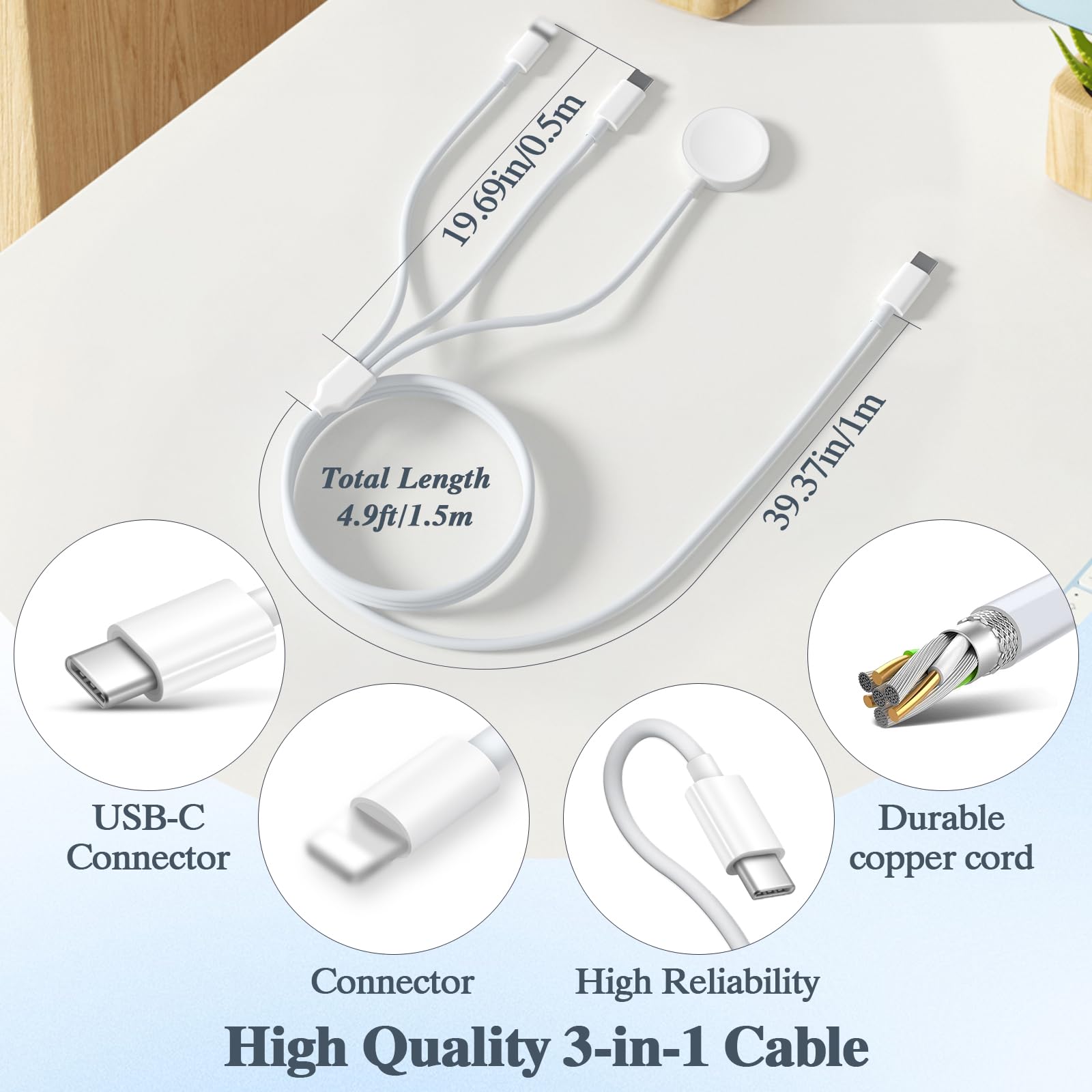 3-in-1 Magnetic Charging Cable for Apple Watch & iPhone - USB C Fast Charger Compatible with iWatch Series 10/9/SE2/8/7/6/5/4/3/2/1/SE & iPhone 16/15/14/13/12 (4.9FT) - Perfect for Travel, Office & Nightstand Charging
