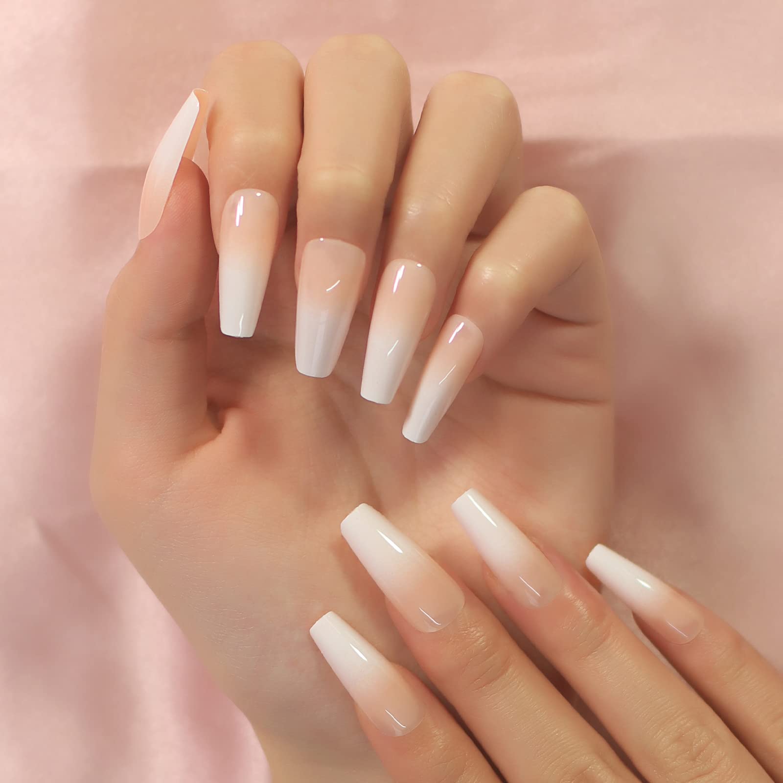 Long Glossy Ombre Pink Nude White French Ballerina Coffin Press-On Nails - Gradient Fake Nails Tips for Ballet, Parties & Special Occasions
