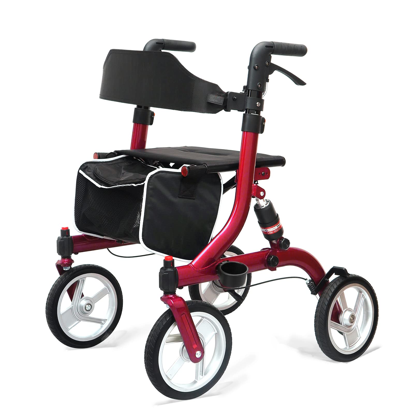 **Winlove Folding Rollator Walker for Seniors - Lightweight Aluminum Frame with Suspension Spring, 10-Inch All-Terrain Wheels & Thick Seat - Red | Mobility Aid for Indoor & Outdoor Use**