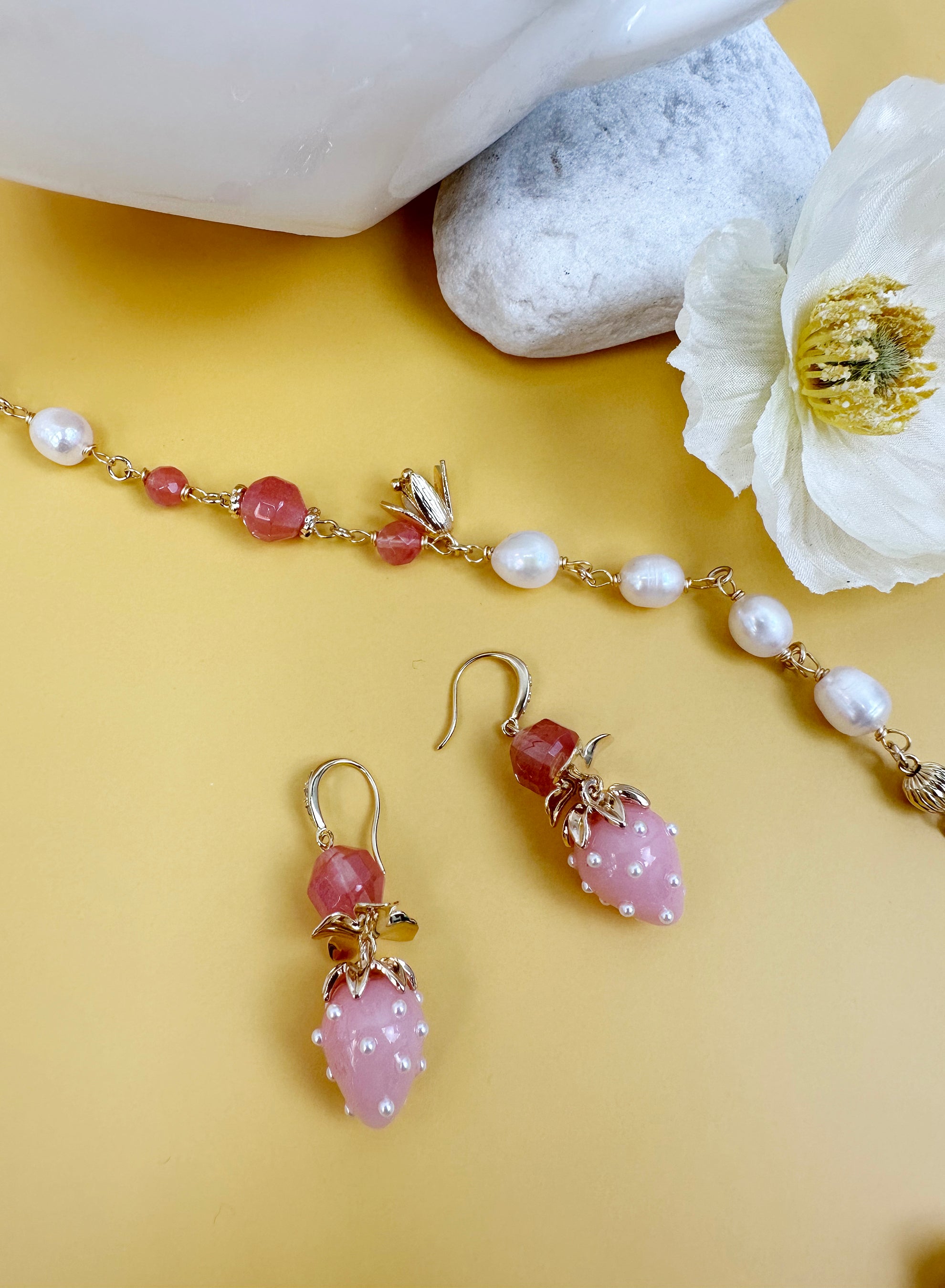 Watermelon Quartz & Strawberry Glass Dangle Earrings JE009 | Handmade Bohemian Jewelry for Women | Perfect for Summer Parties, Weddings & Boho Fashion