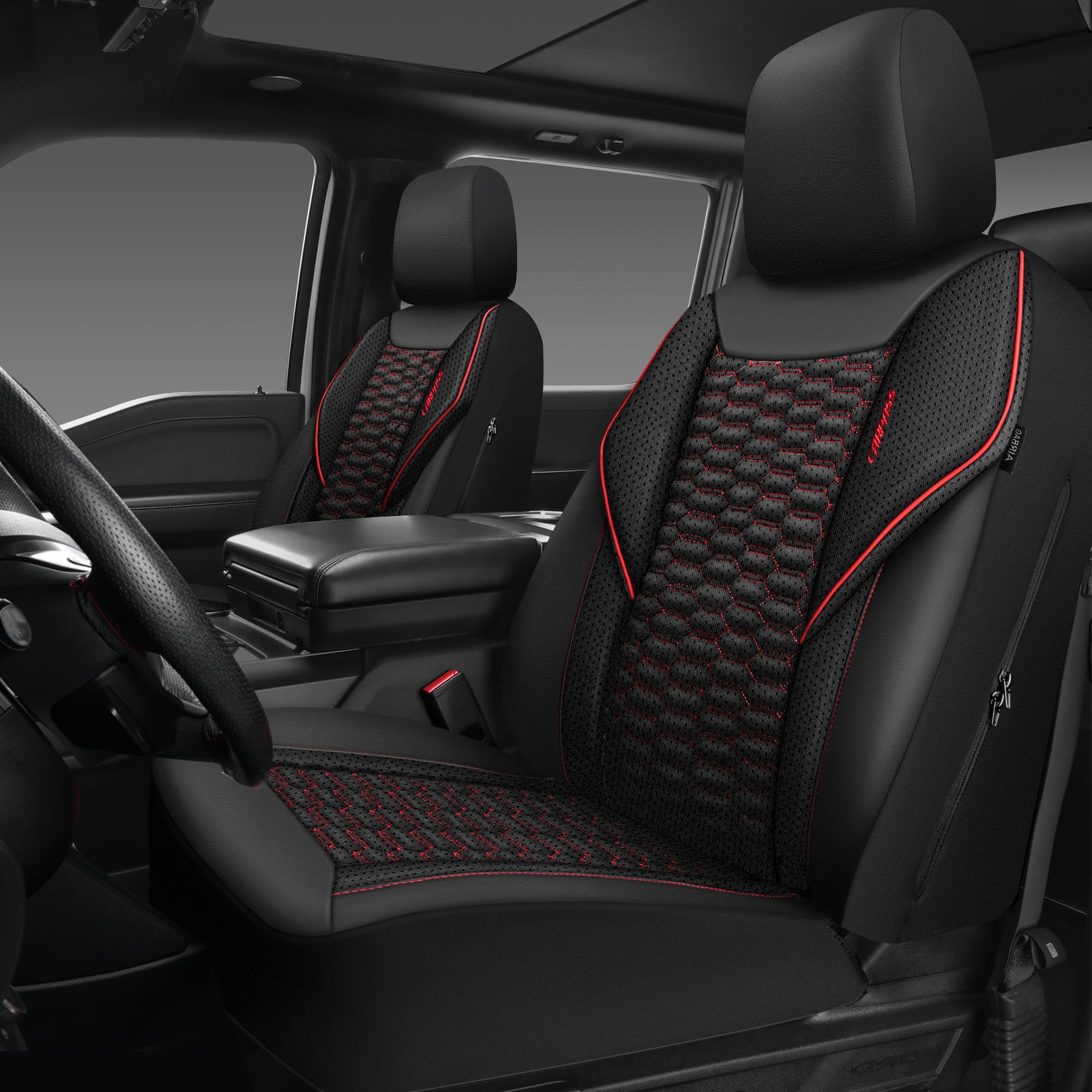 3D Foam Mesh Leather Car Seat Covers - Universal Fit for SUV, Truck & Sedan - Air Cool Front Seat Covers with Armrest & Airbag Compatibility (Black & Red) - Perfect for Summer Driving & Long Road Trips