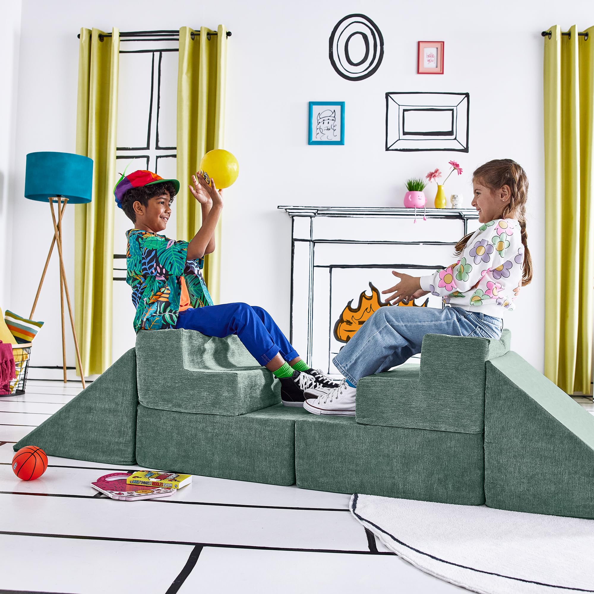 Yourigami Kids & Toddler Play Gym - Modular Playroom Couch Set with Durable Design in Green Meadows - Perfect for Nursery, Daycare & Indoor Play Areas