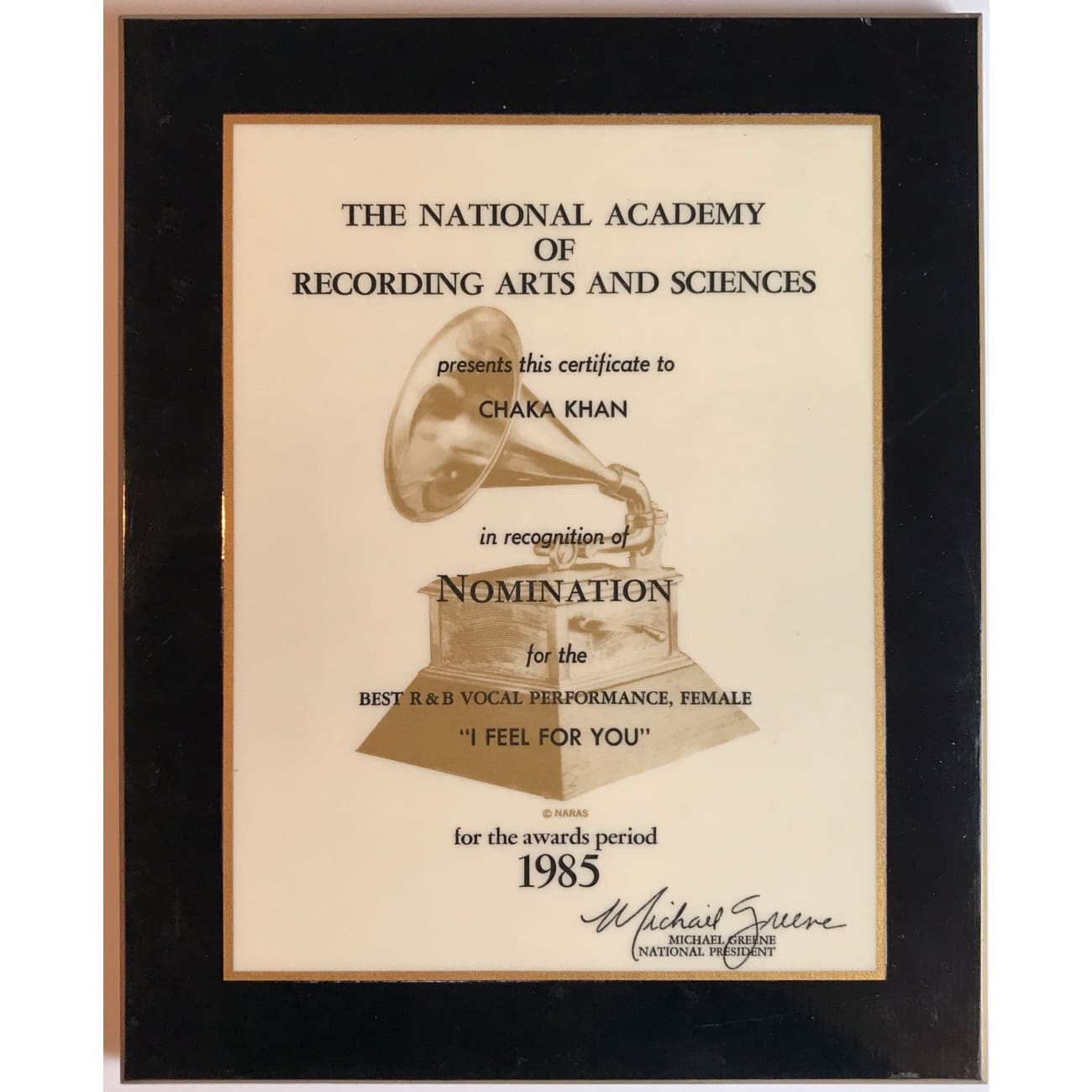 Chaka Khan 1985 Grammy Nomination Plaque for 'I Feel For You' – Rare Collectible Award Presented to Chaka Khan | Perfect for Music Memorabilia Displays & Fan Collections